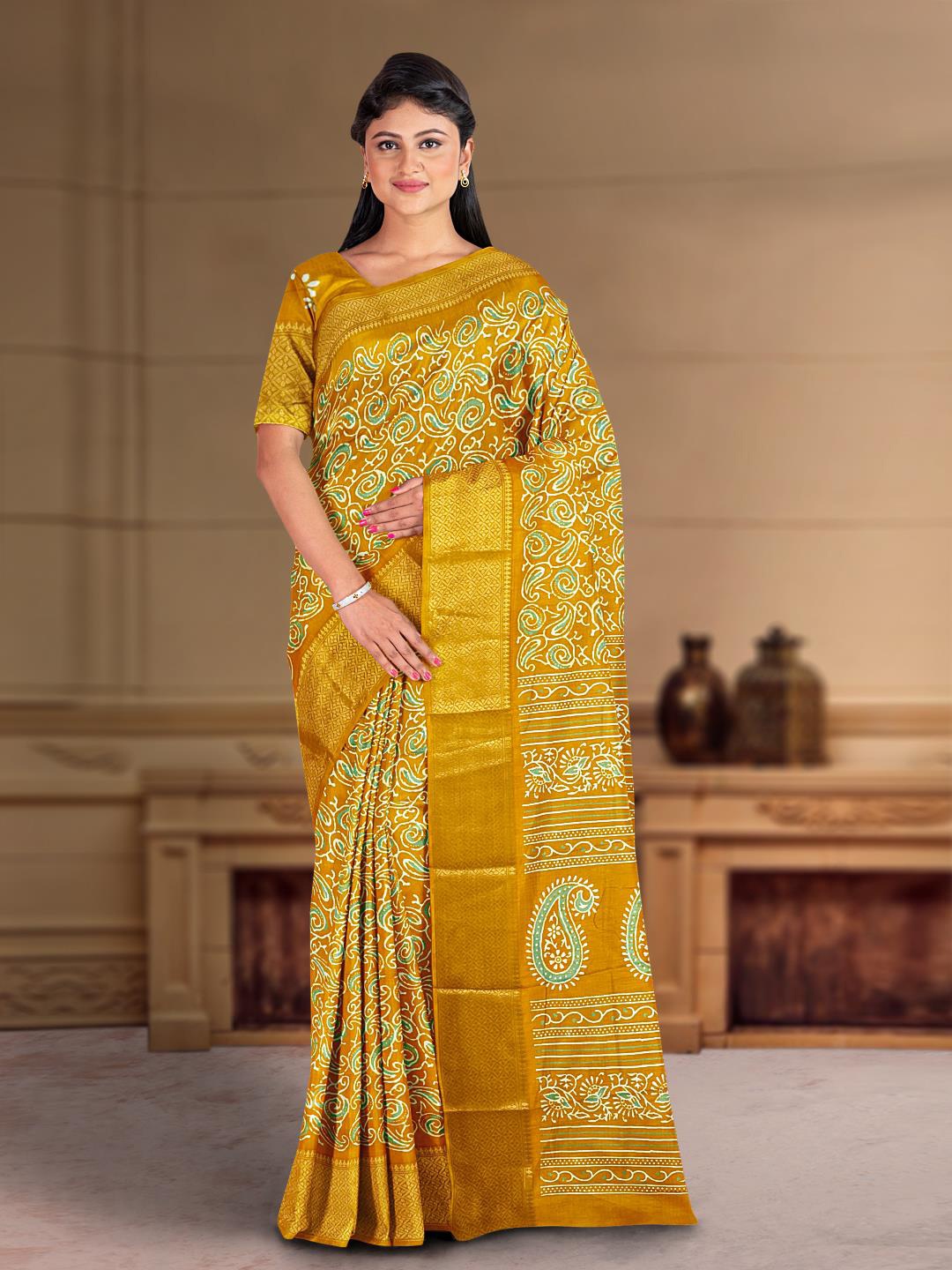 

Kalamandir Paisley Printed Zari Saree, Mustard