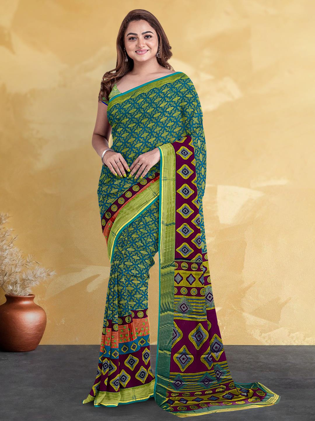 

Kalamandir Printed Silk Blend Saree, Teal