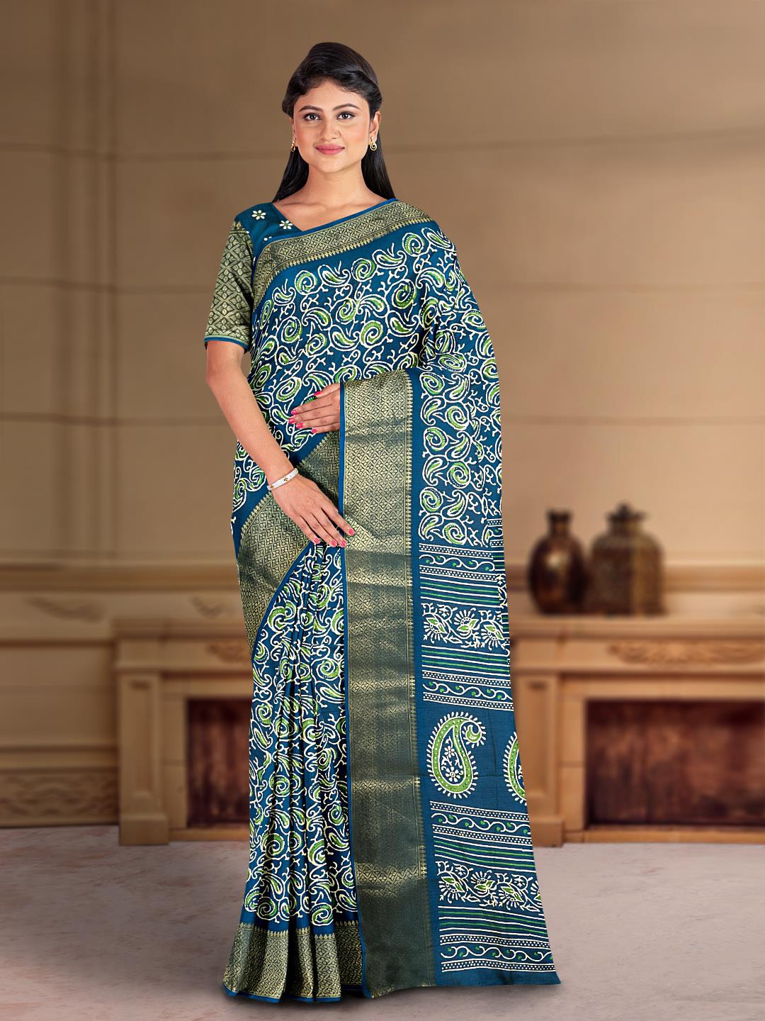 

Kalamandir Paisley Printed Zari Silk Blend Saree, Teal