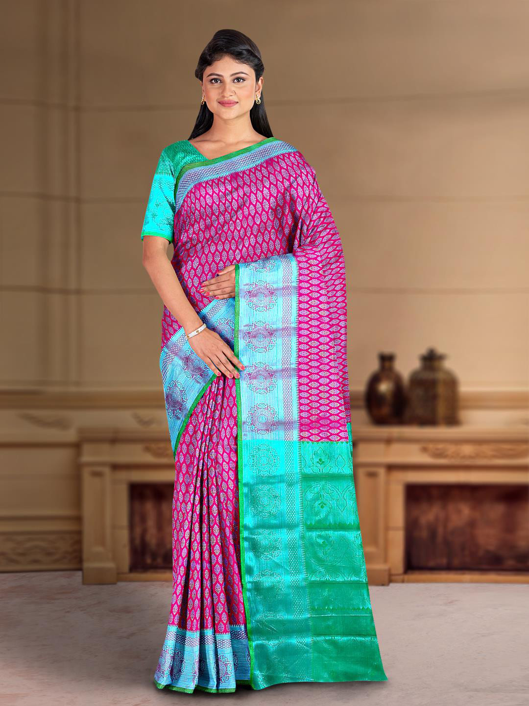 

Kalamandir Ethnic Motifs Woven Design Zari Silk Cotton Saree, Pink