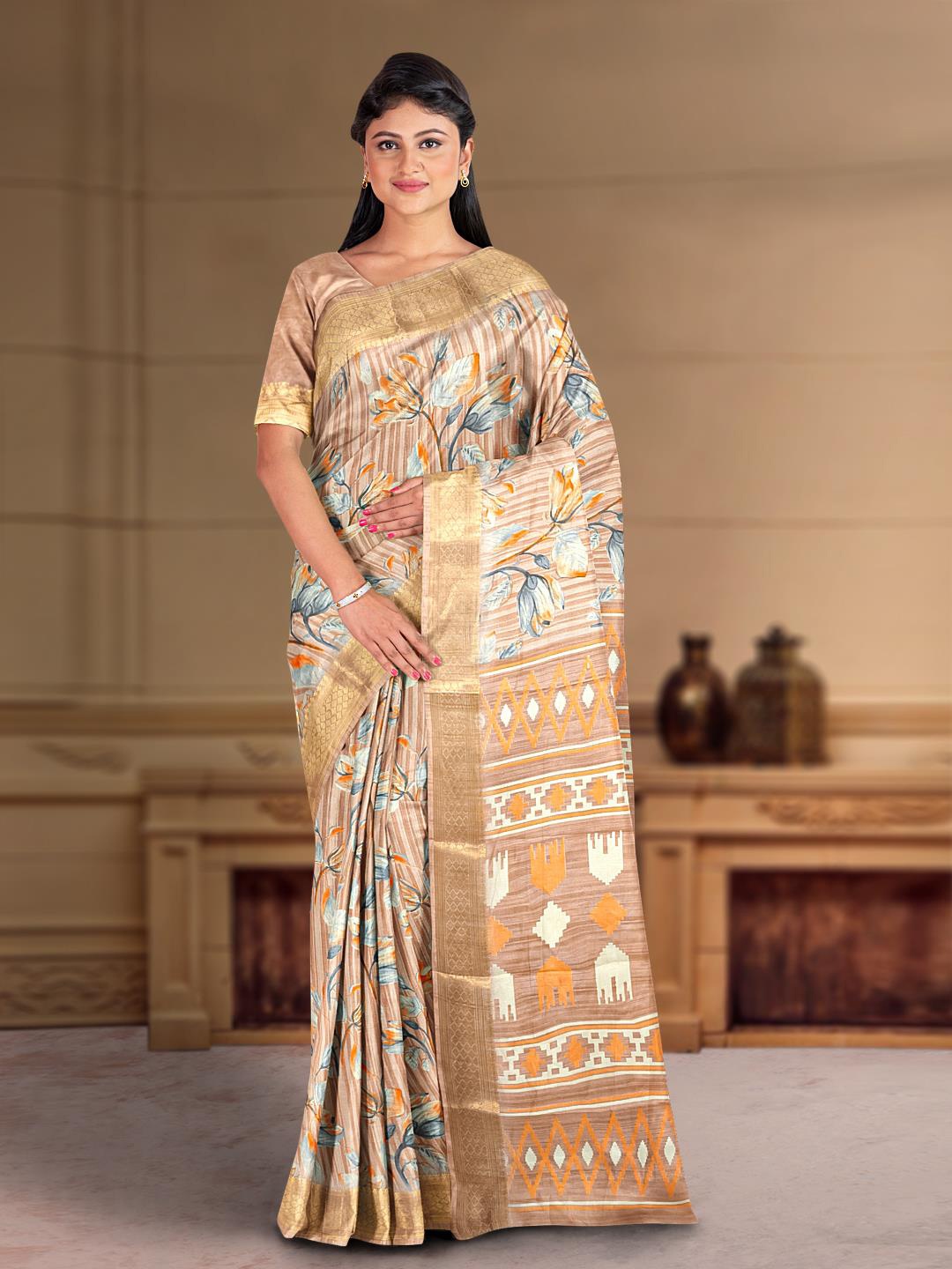 

Kalamandir Floral Printed Silk Blend Saree, Beige