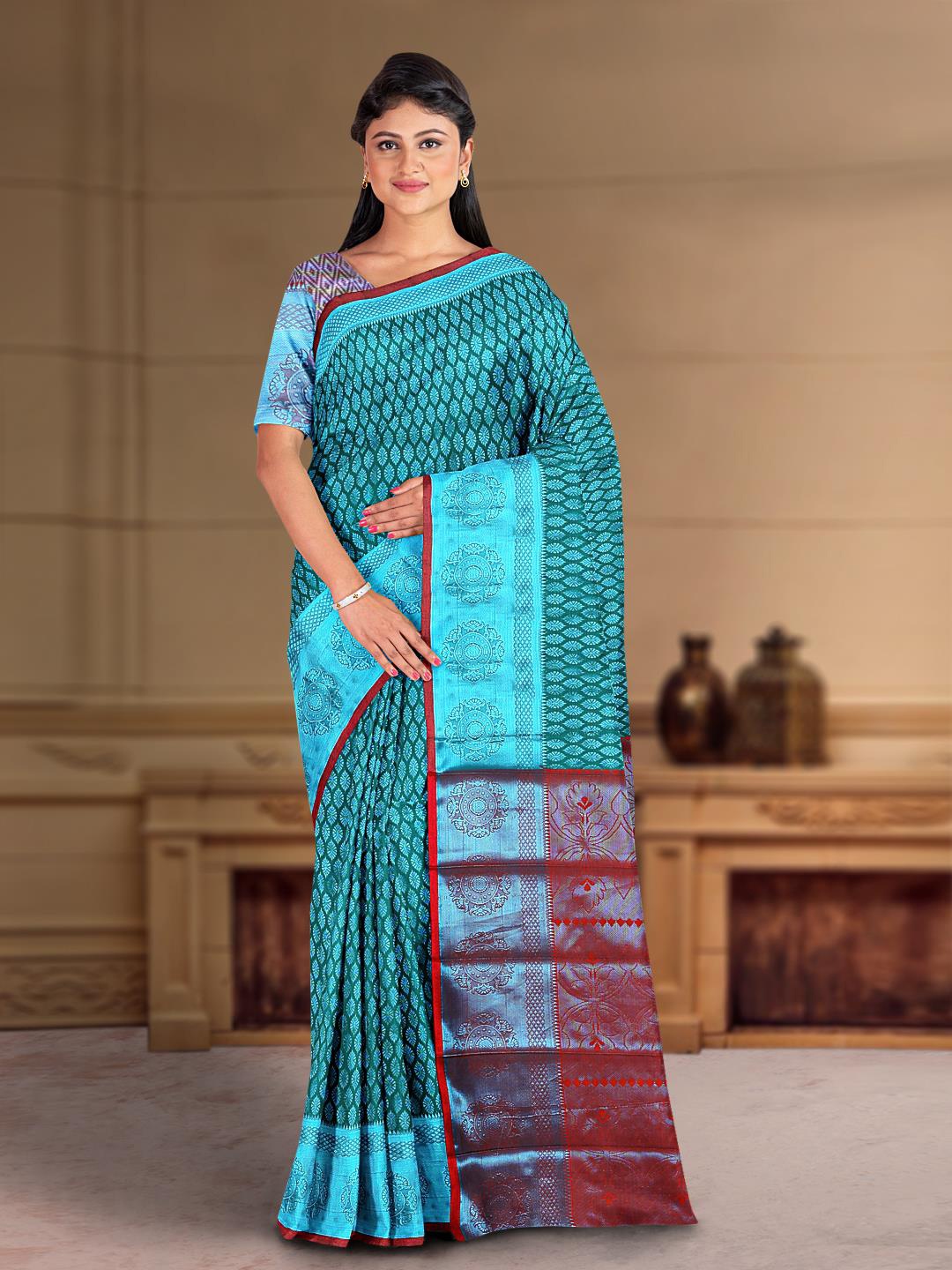 

Kalamandir Woven Design Silk Cotton Saree, Teal