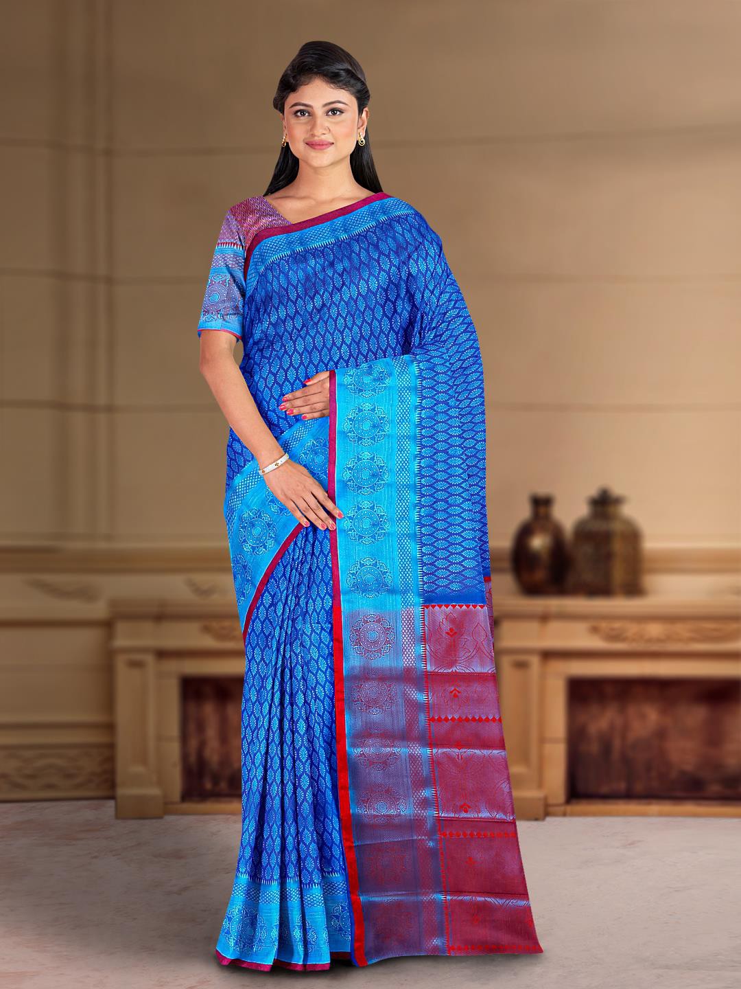 

Kalamandir Ethnic Motifs Woven Design Zari Silk Cotton Saree, Blue