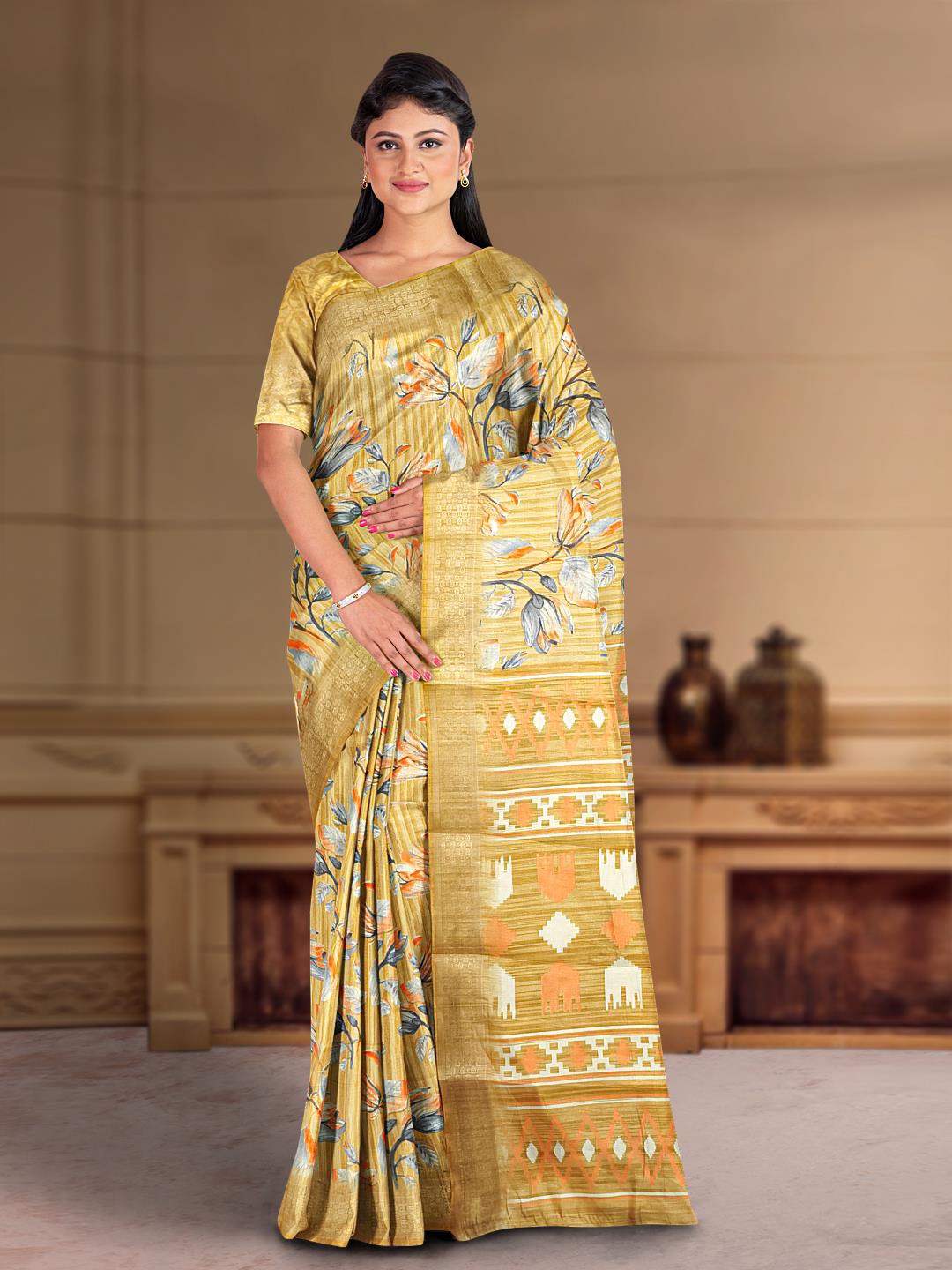 

Kalamandir Floral Printed Silk Blend Saree, Beige
