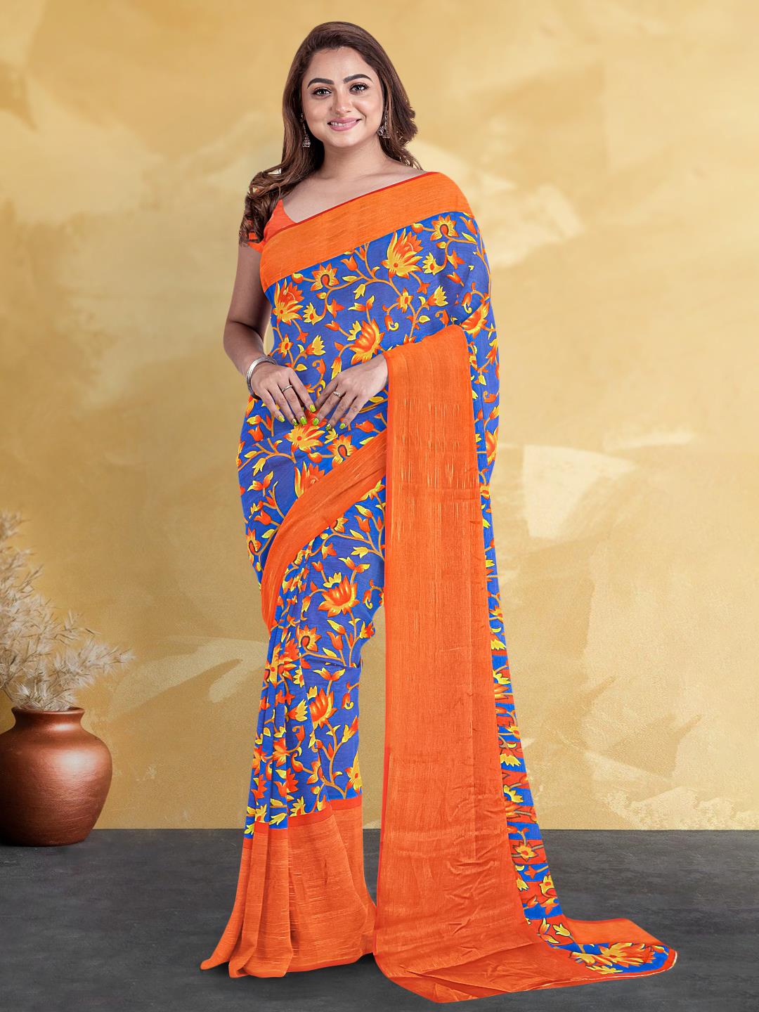 

Kalamandir Floral Printed Silk Blend Saree, Blue