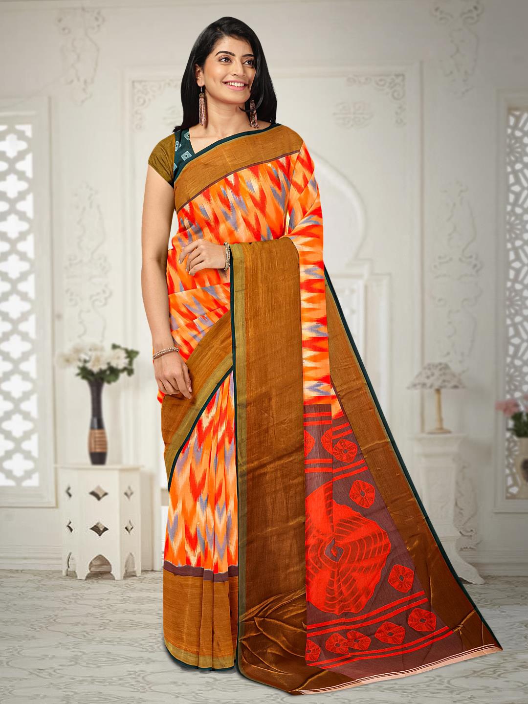 

Kalamandir Geometric Printed Silk Blend Saree, Orange