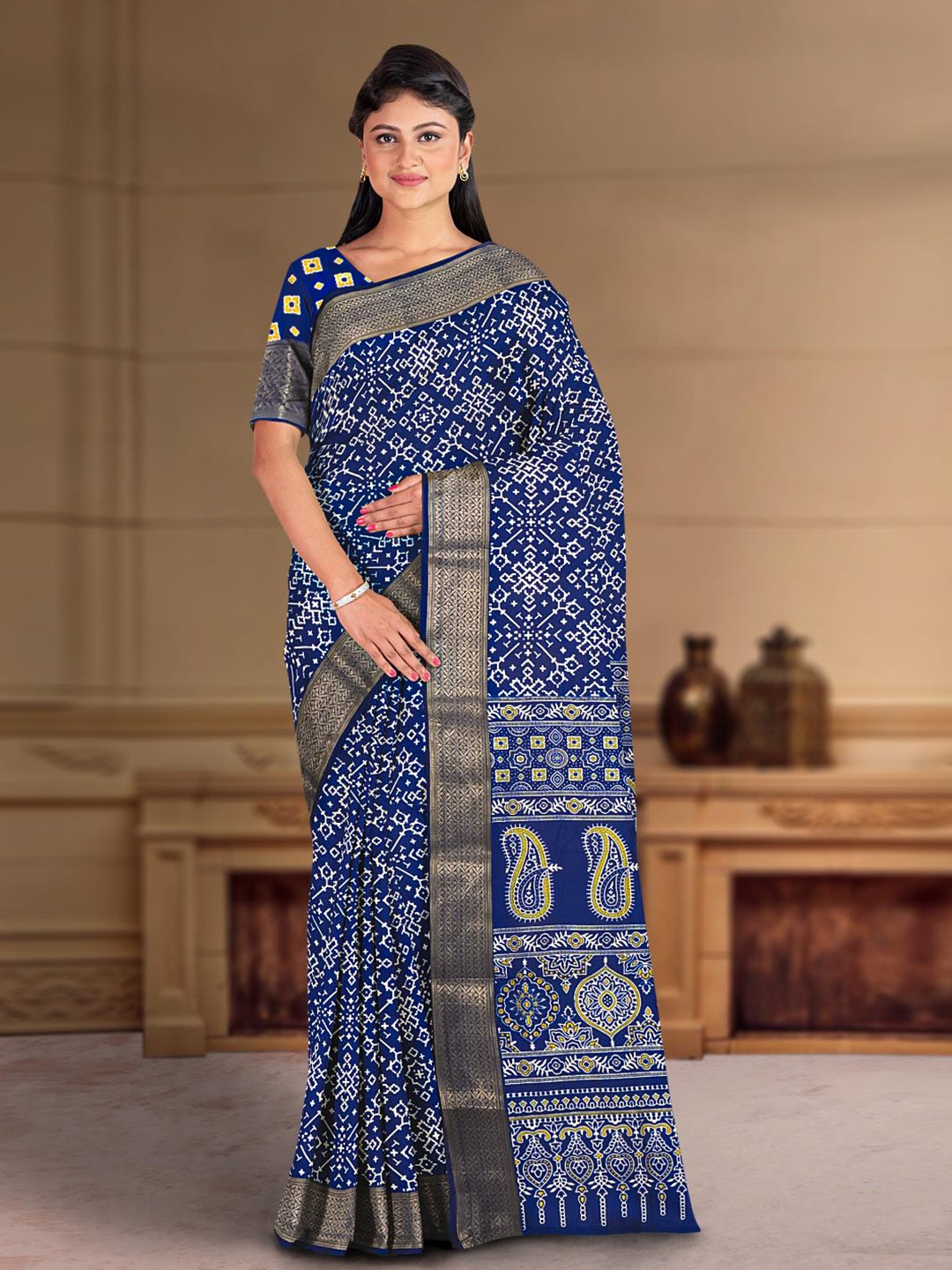 

Kalamandir Ethnic Motifs Printed Zari Saree, Navy blue