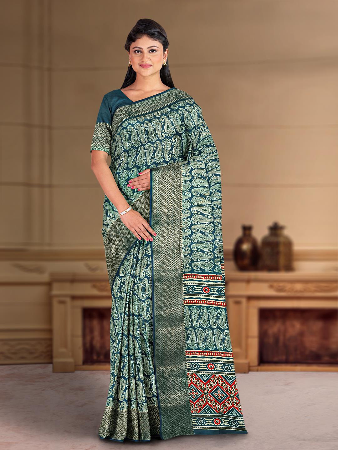 

Kalamandir Paisley Printed Silk Blend Saree, Blue