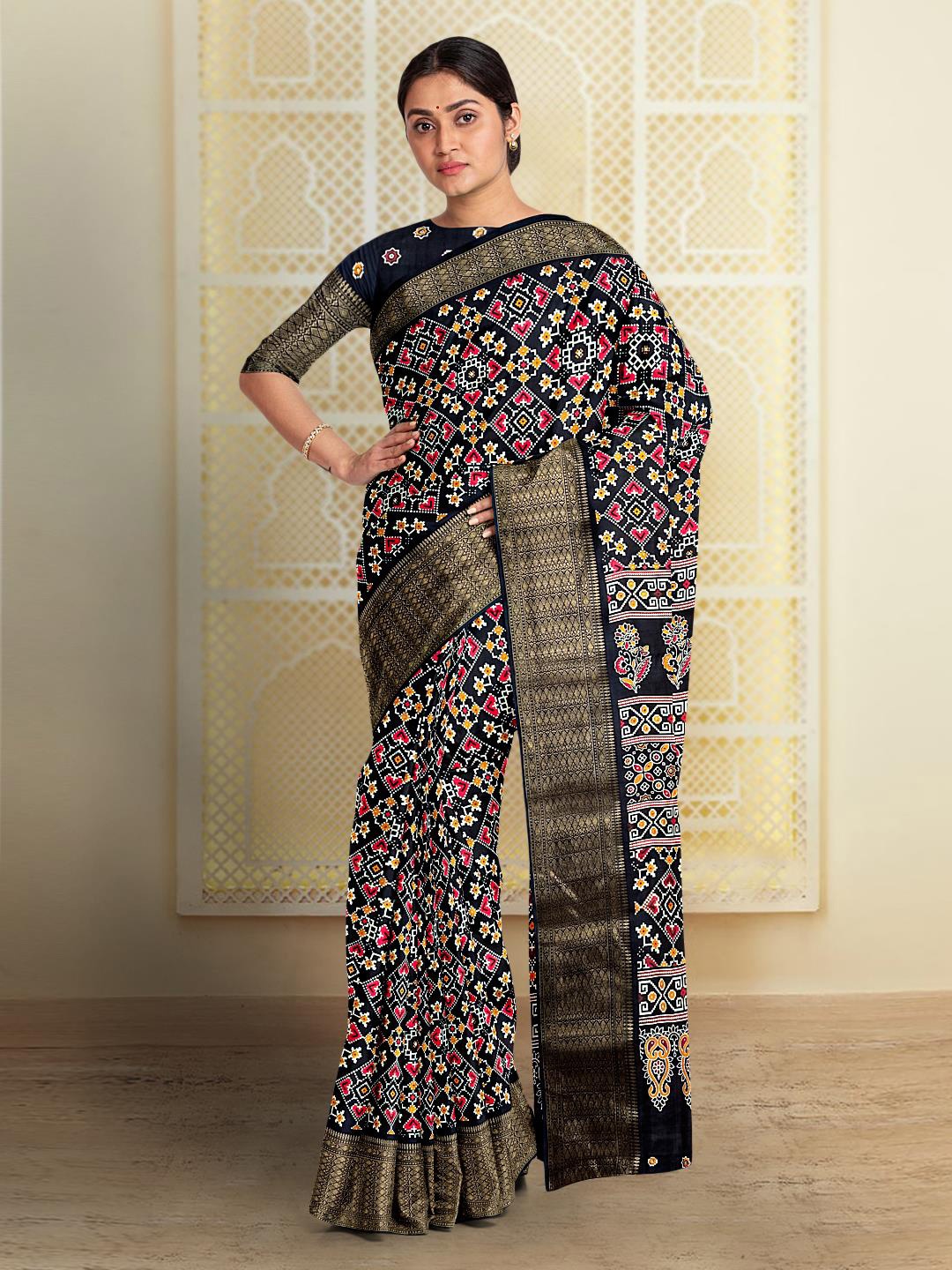 

Kalamandir Ethnic Motifs Printed Zari Ikat Saree, Black