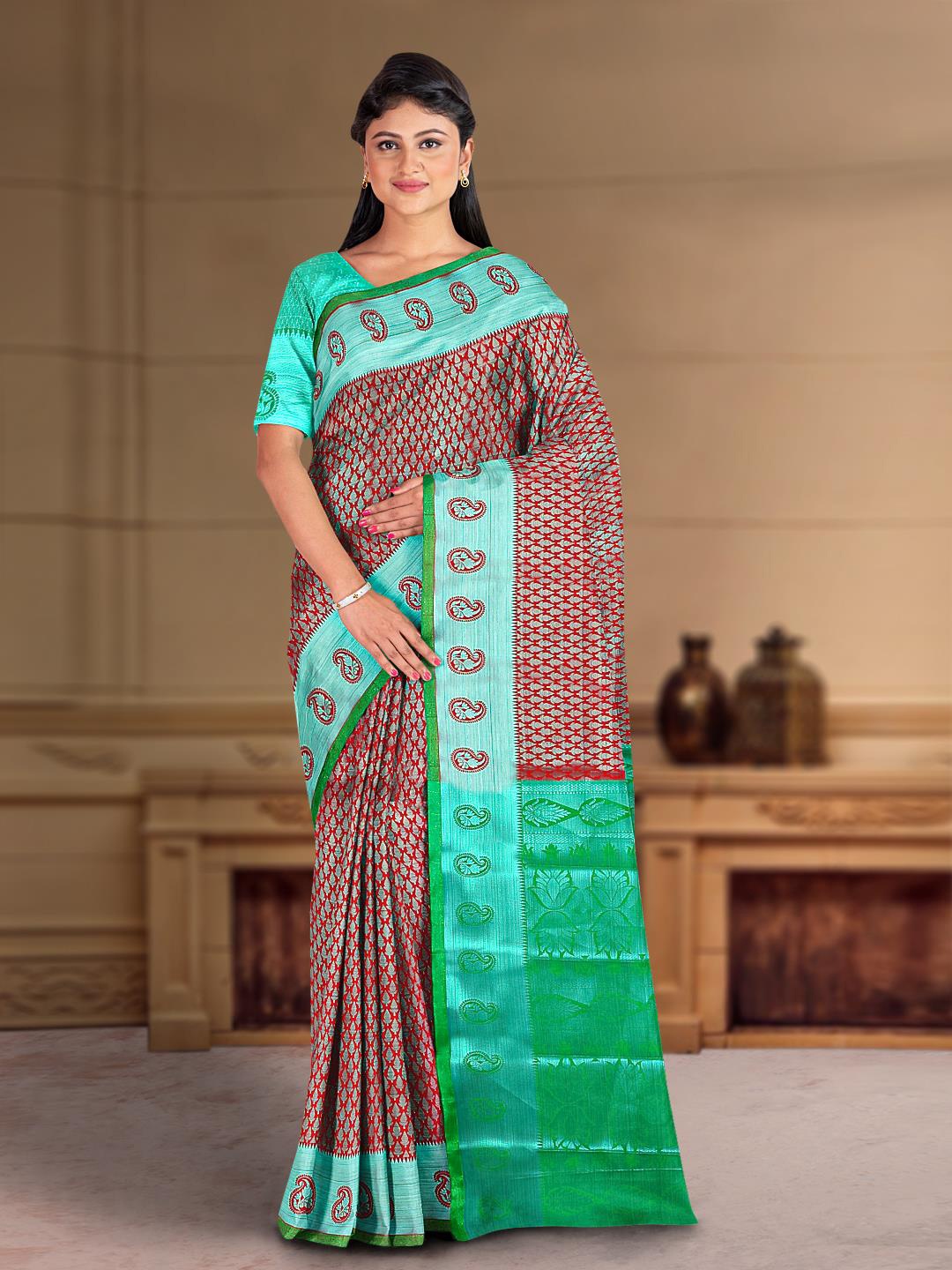 

Kalamandir Ethnic Motifs Woven Design Silk Cotton Zari Saree, Red