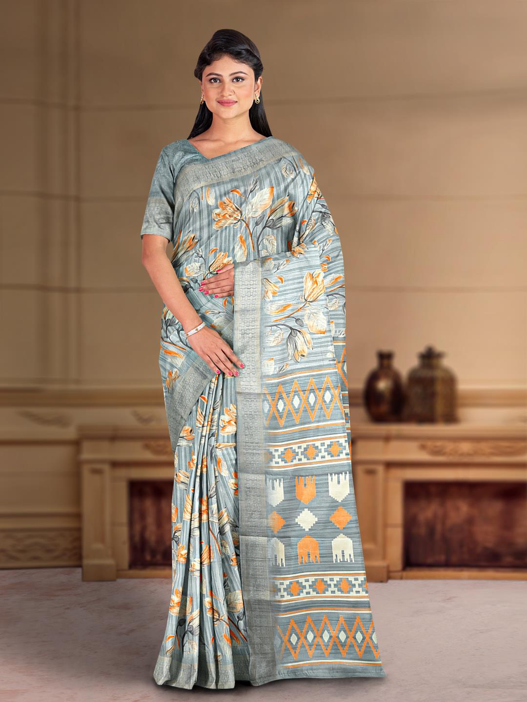 

Kalamandir Floral Printed Silk Blend Saree, Grey