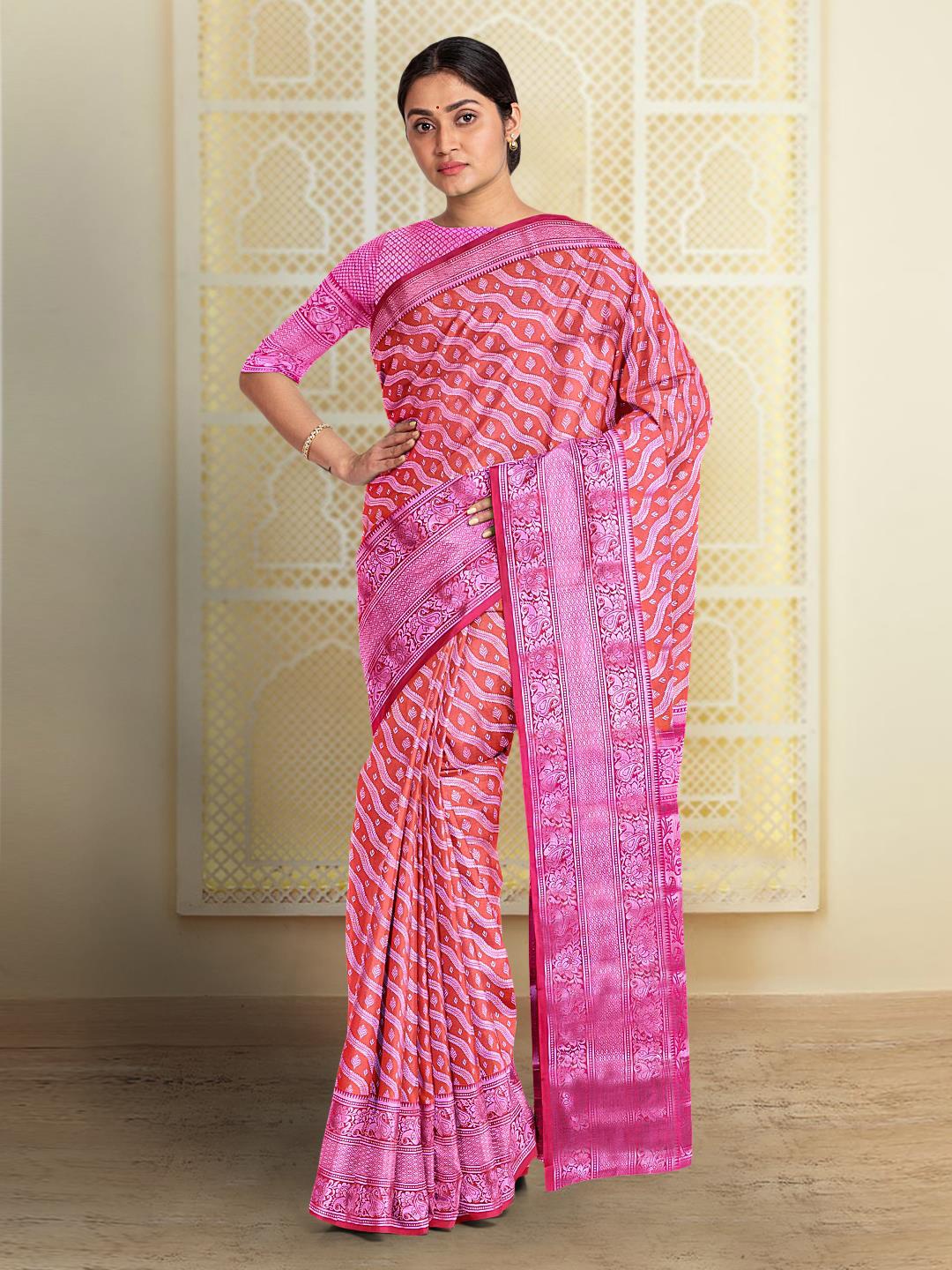 

Kalamandir Floral Woven Design Zari Silk Cotton Saree, Peach