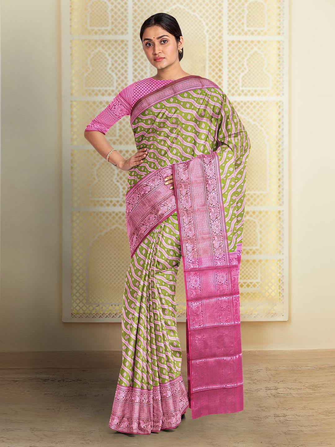

Kalamandir Woven Design Silk Cotton Saree, Olive