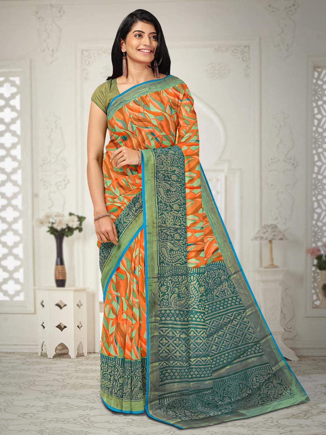 

Kalamandir Abstract Printed Silk Blend Saree, Orange