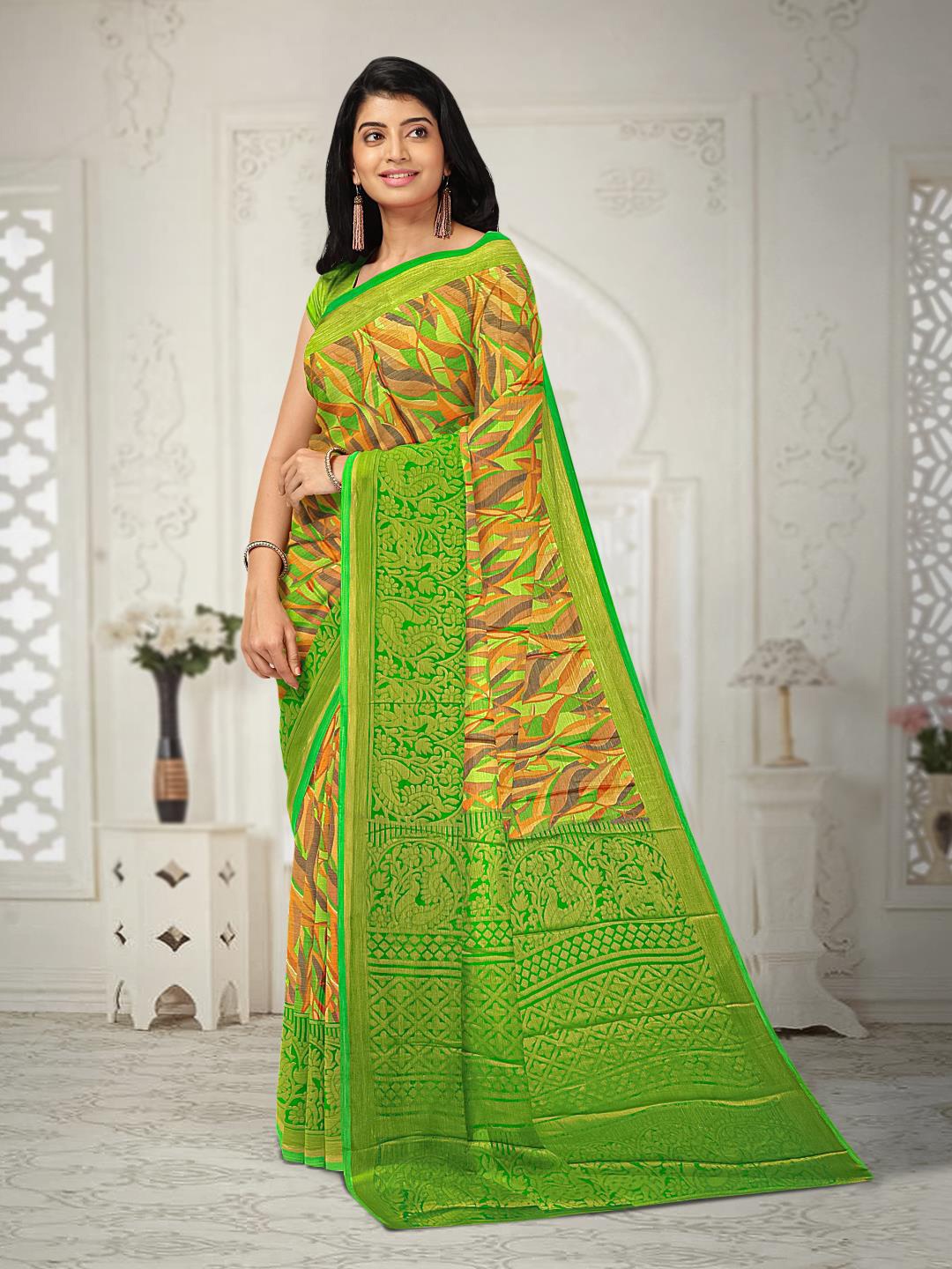 

Kalamandir Printed Silk Blend Saree, Green