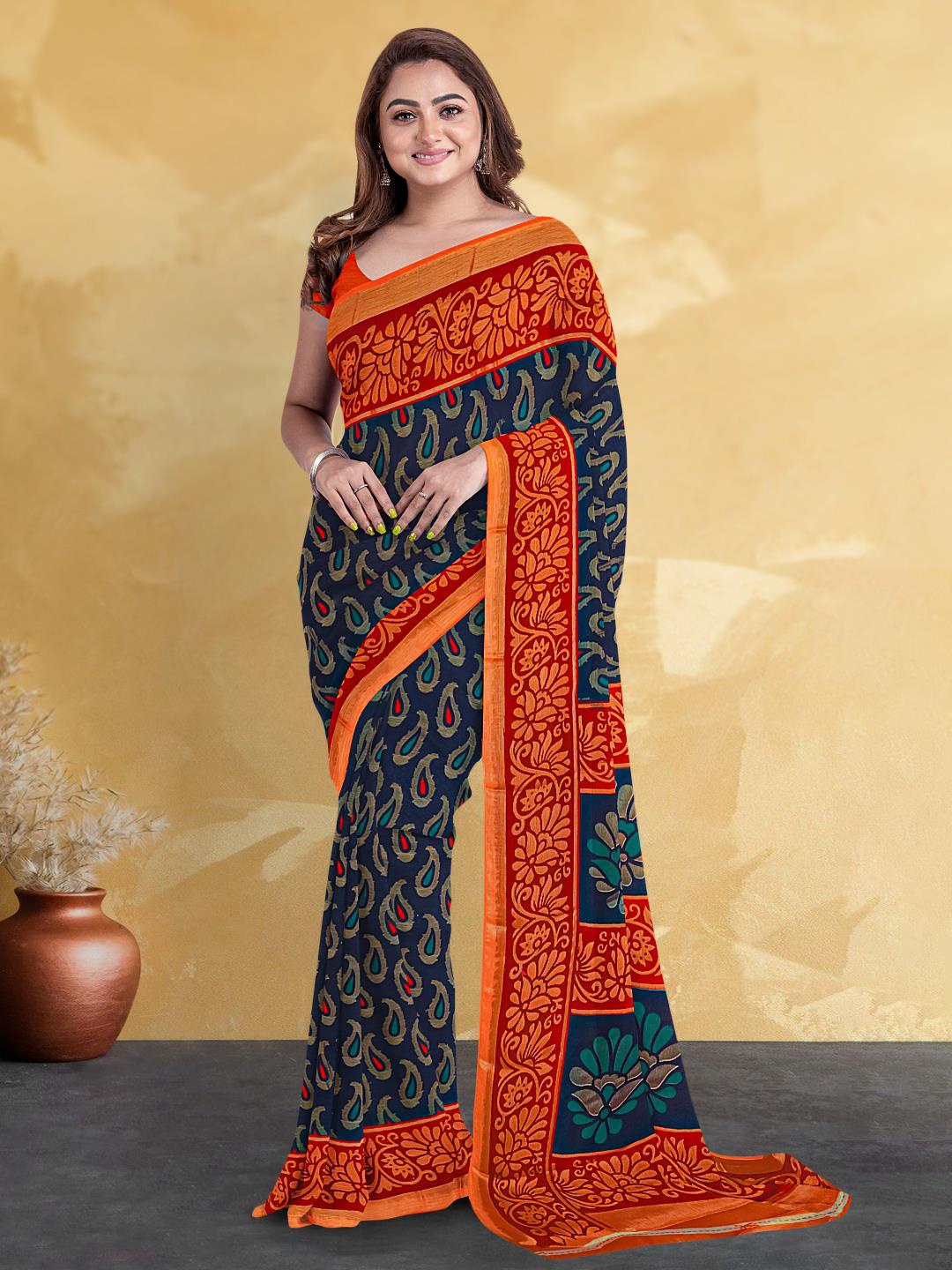 

Kalamandir Paisley Printed Silk Blend Saree, Navy blue
