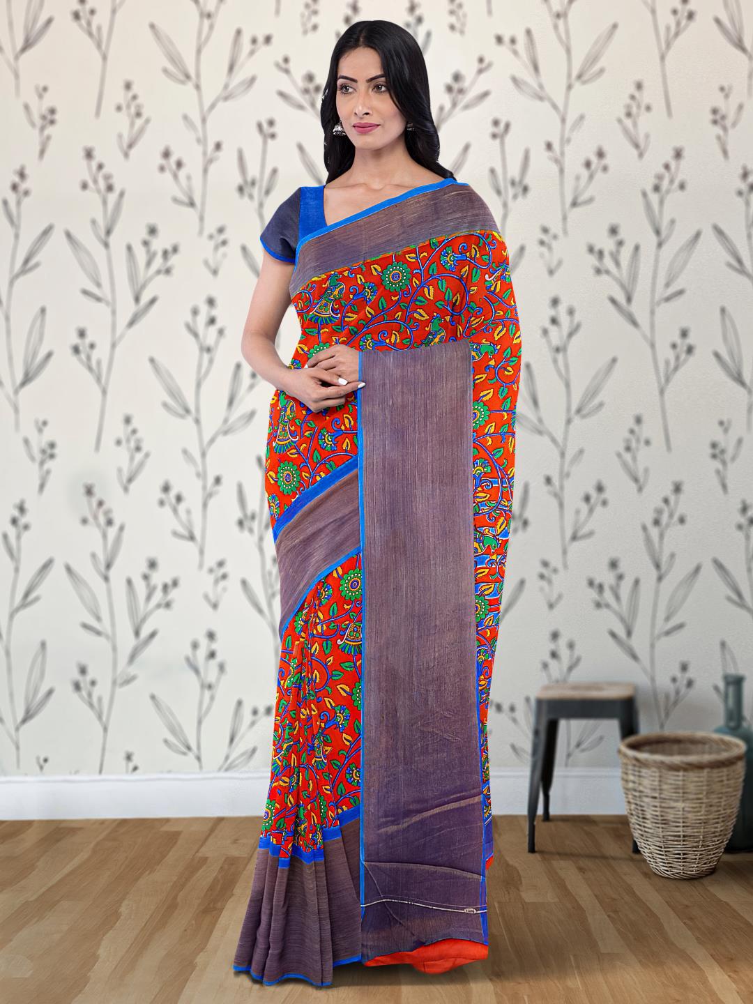 

Kalamandir Floral Printed Silk Blend Saree, Orange