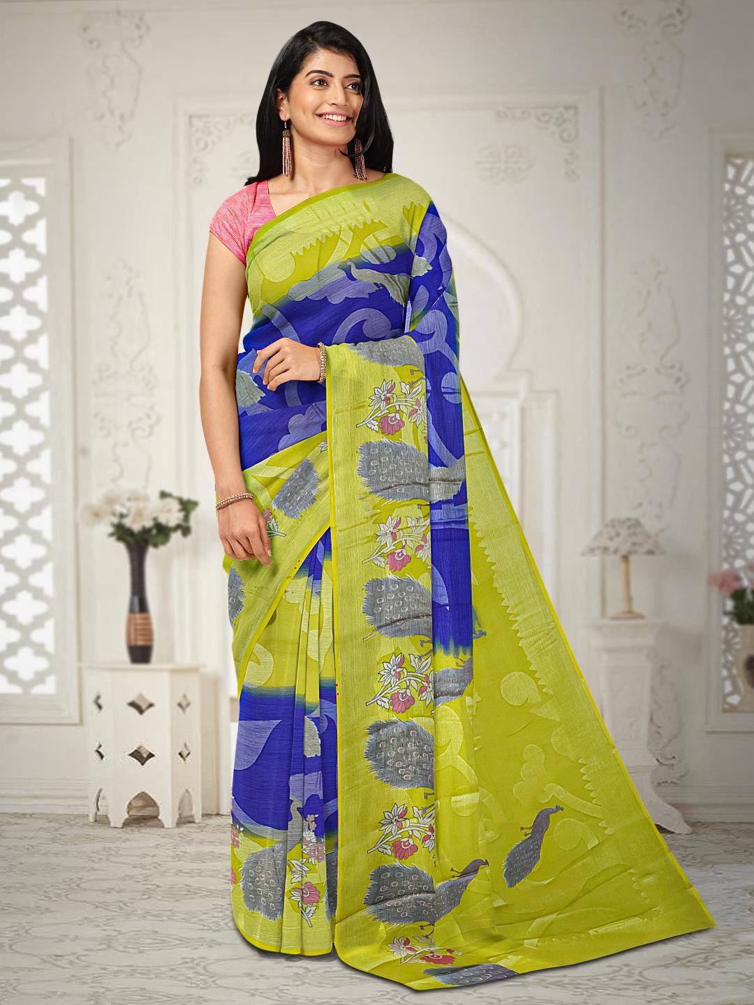

Kalamandir Abstract Printed Silk Blend Saree, Blue