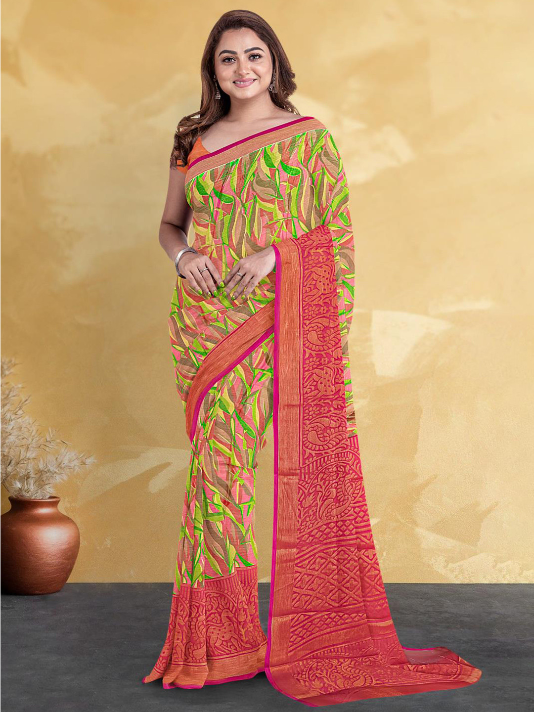 

Kalamandir Abstract Printed Silk Blend Saree, Red