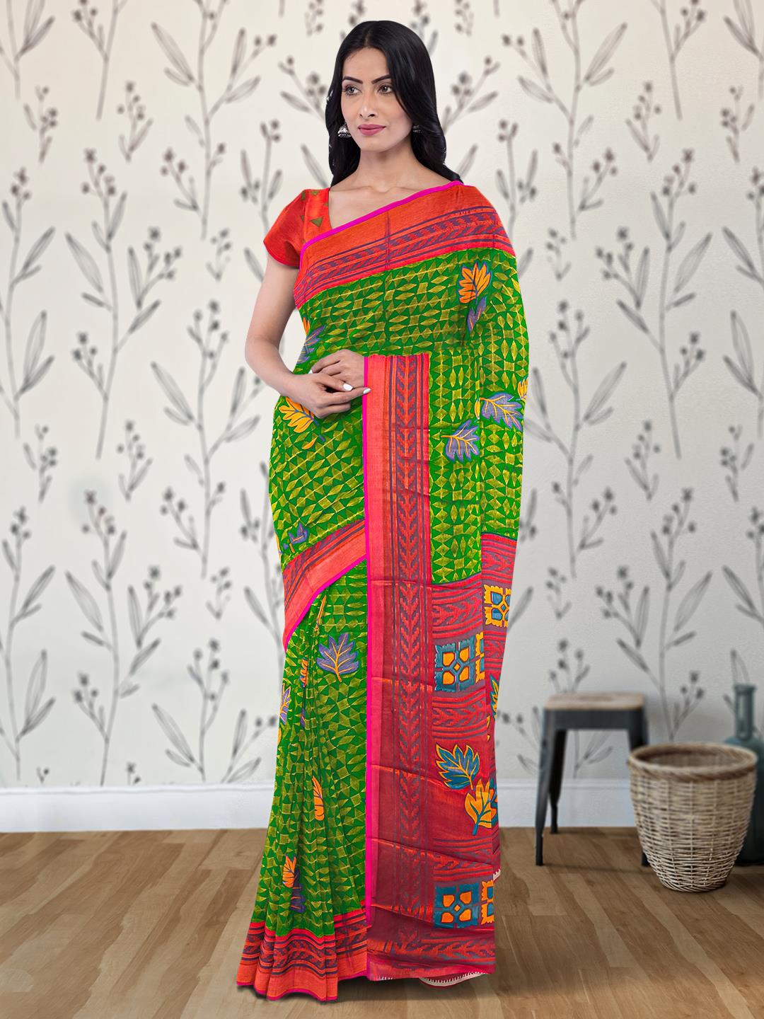 

Kalamandir Floral Printed Silk Blend Block Print Saree, Green