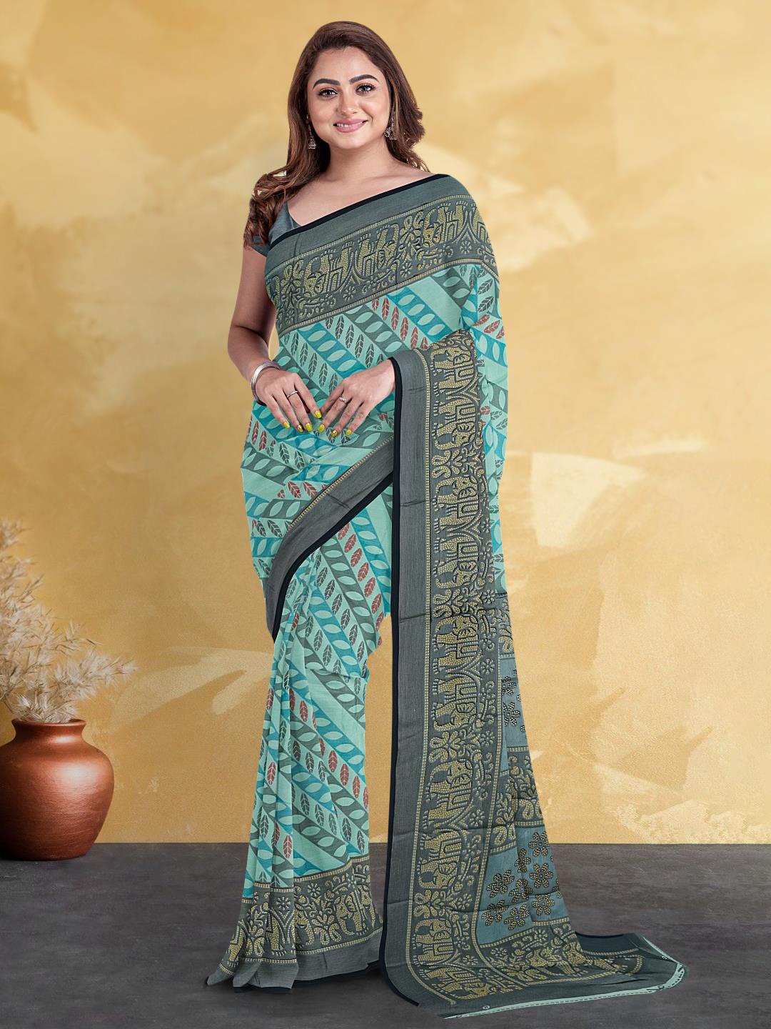 

Kalamandir Floral Printed Silk Blend Saree, Blue