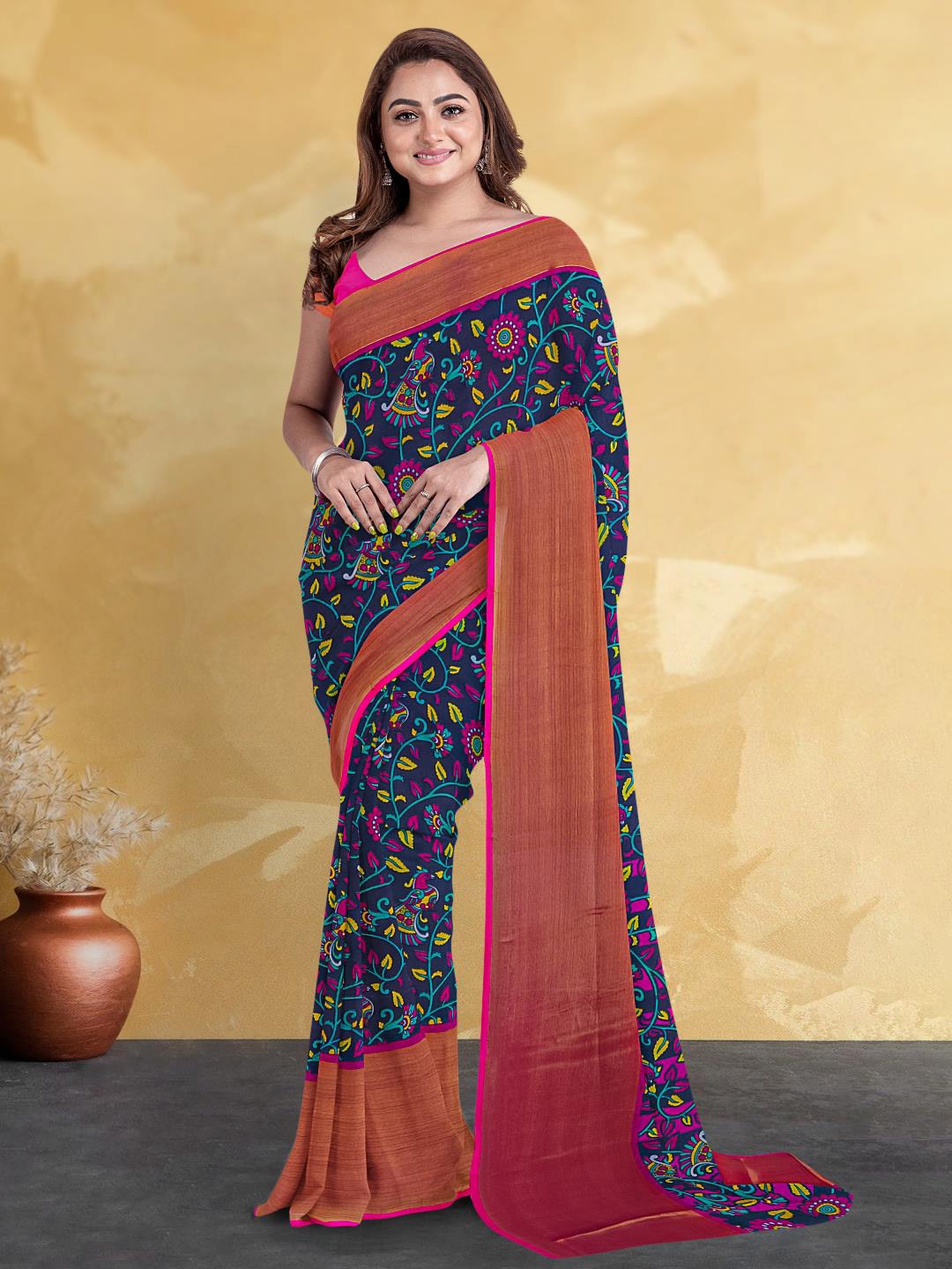 

Kalamandir Floral Printed Silk Blend Saree, Navy blue