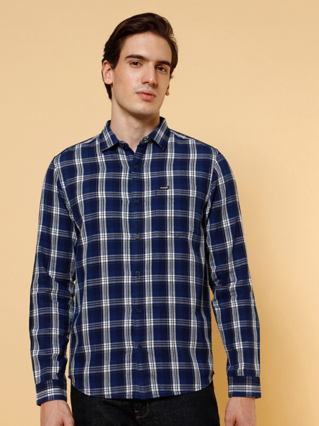 

Wrangler Checked Spread Collar Cotton Casual Shirt, Blue