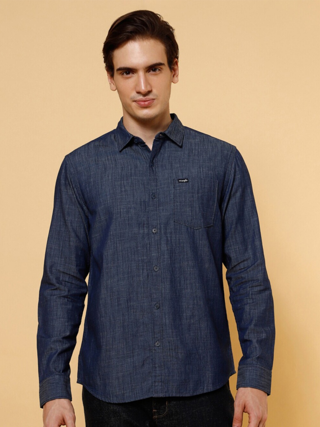 

Wrangler Spread Collar Long Sleeves Slim Fit Cotton Casual Shirt, Navy blue