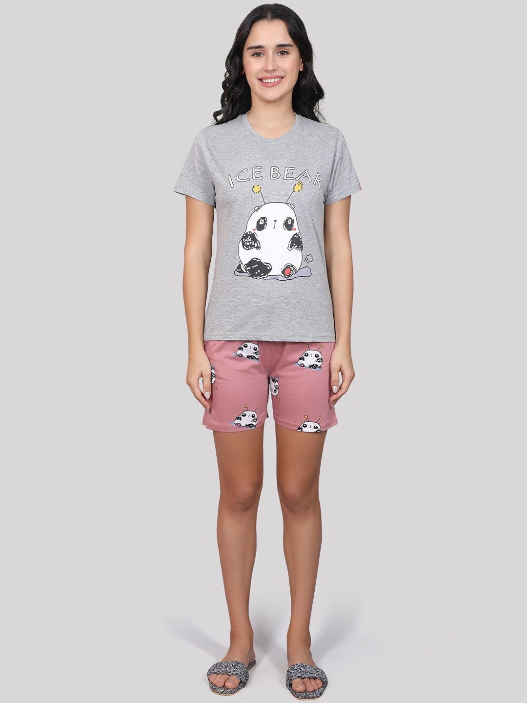 

evolove Graphic Printed Pure Cotton Night Suit, Grey