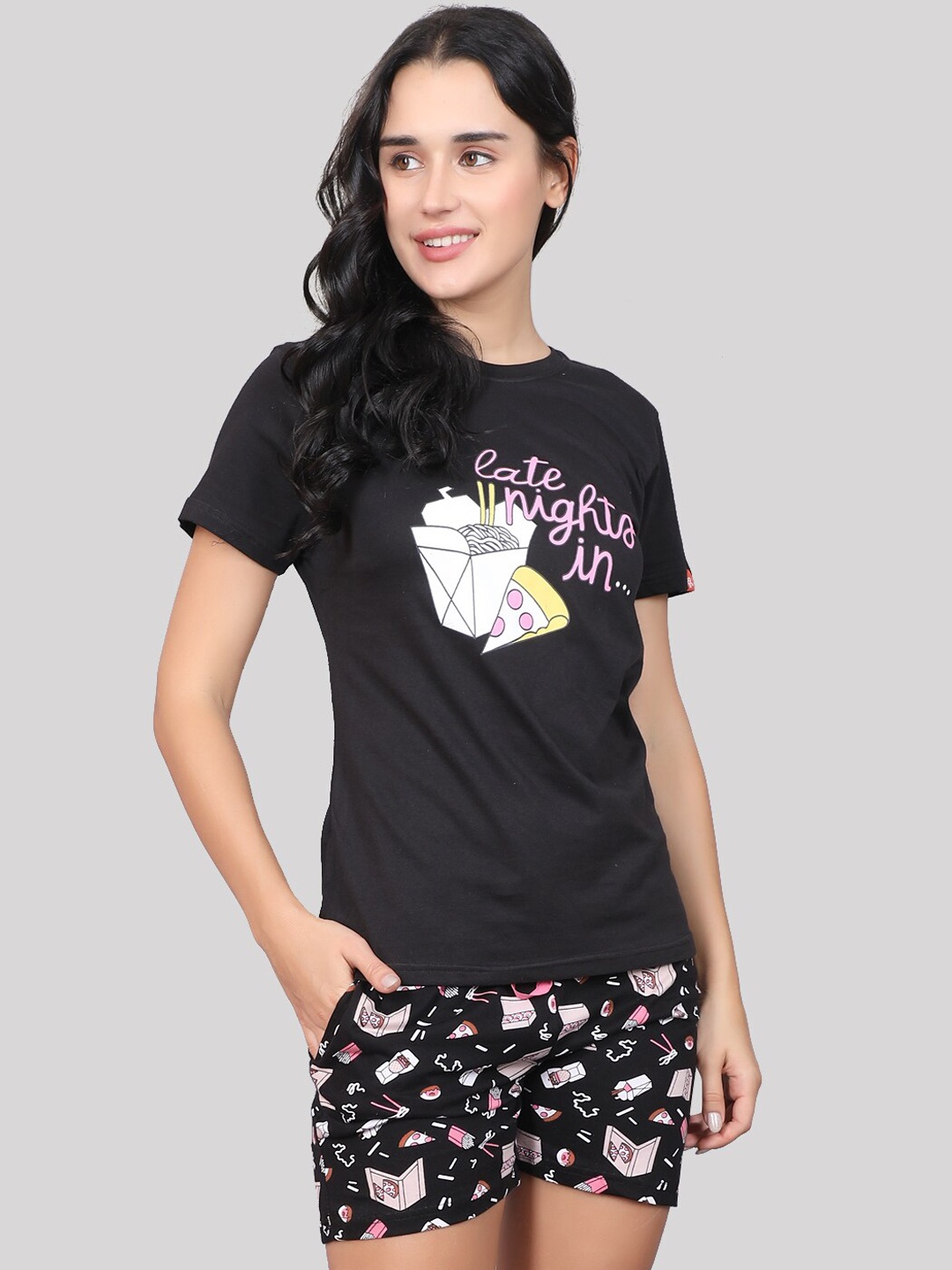 

evolove Conversational Printed Pure Cotton Night Suit, Black
