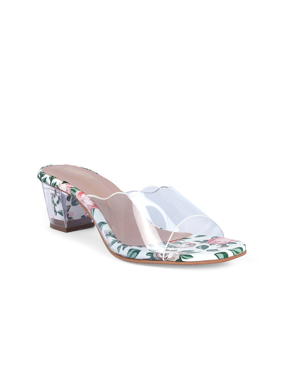 

FABBHUE Printed Open Toe Block Heels, White
