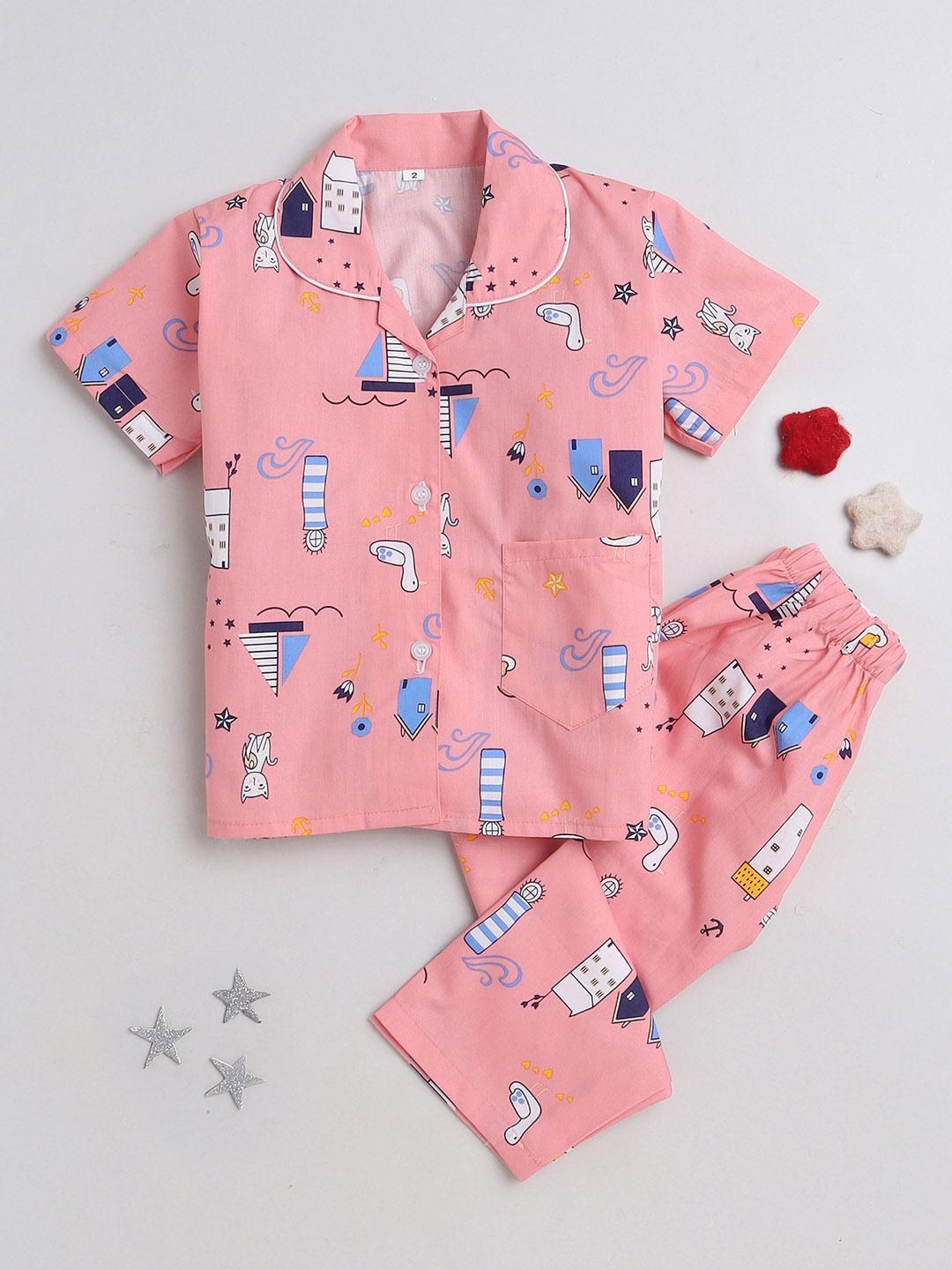 

The Magic Wand Kids Conversational Printed Pure Cotton Night Suit, Peach