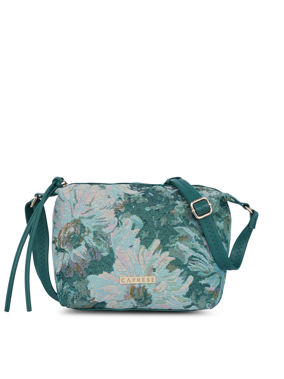 

Caprese Floral Printed Structured Leather Sling Bag, Teal