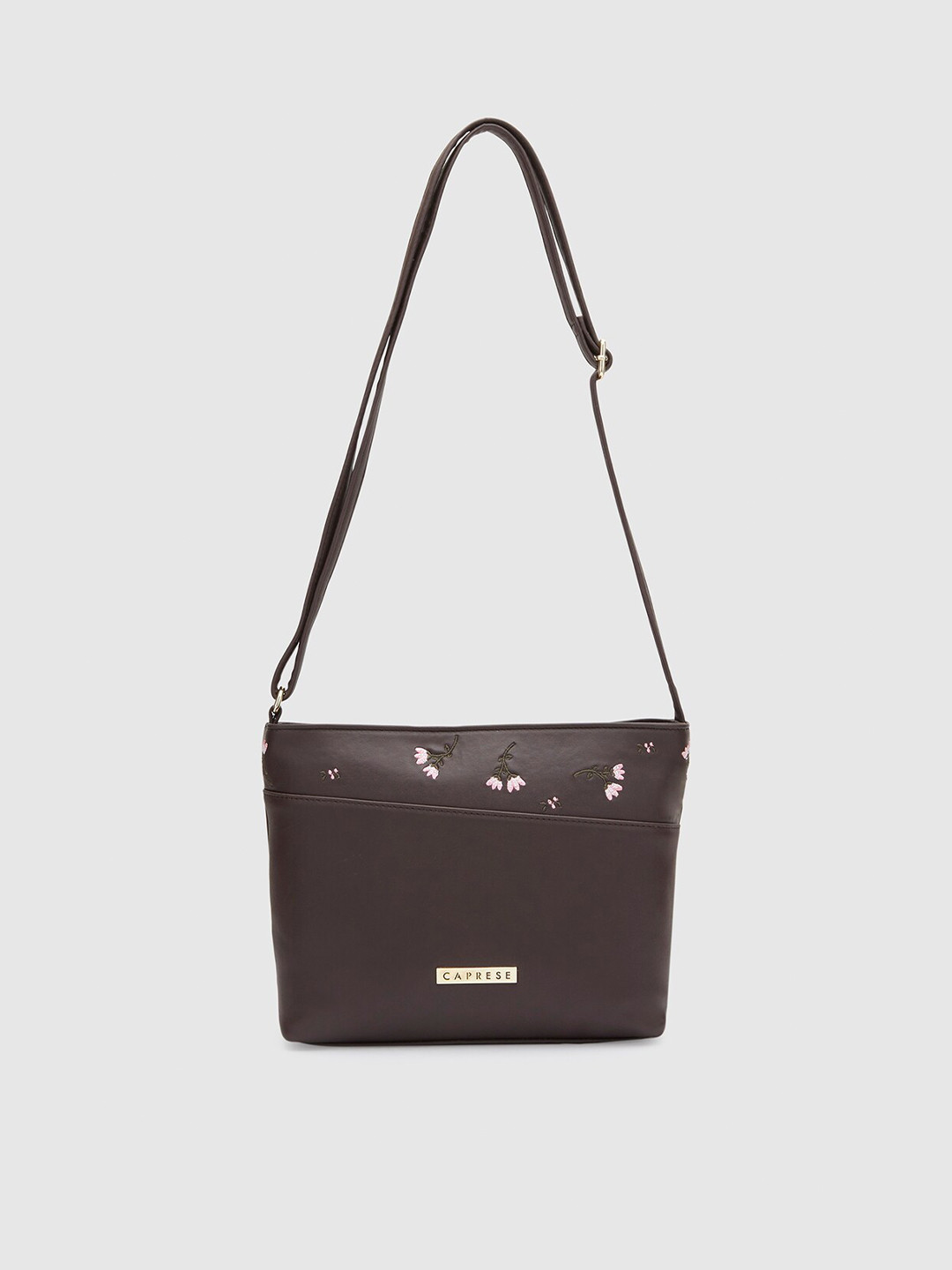 

Caprese Structured Leather Sling Bag With Floral Embroidered Detail, Coffee brown