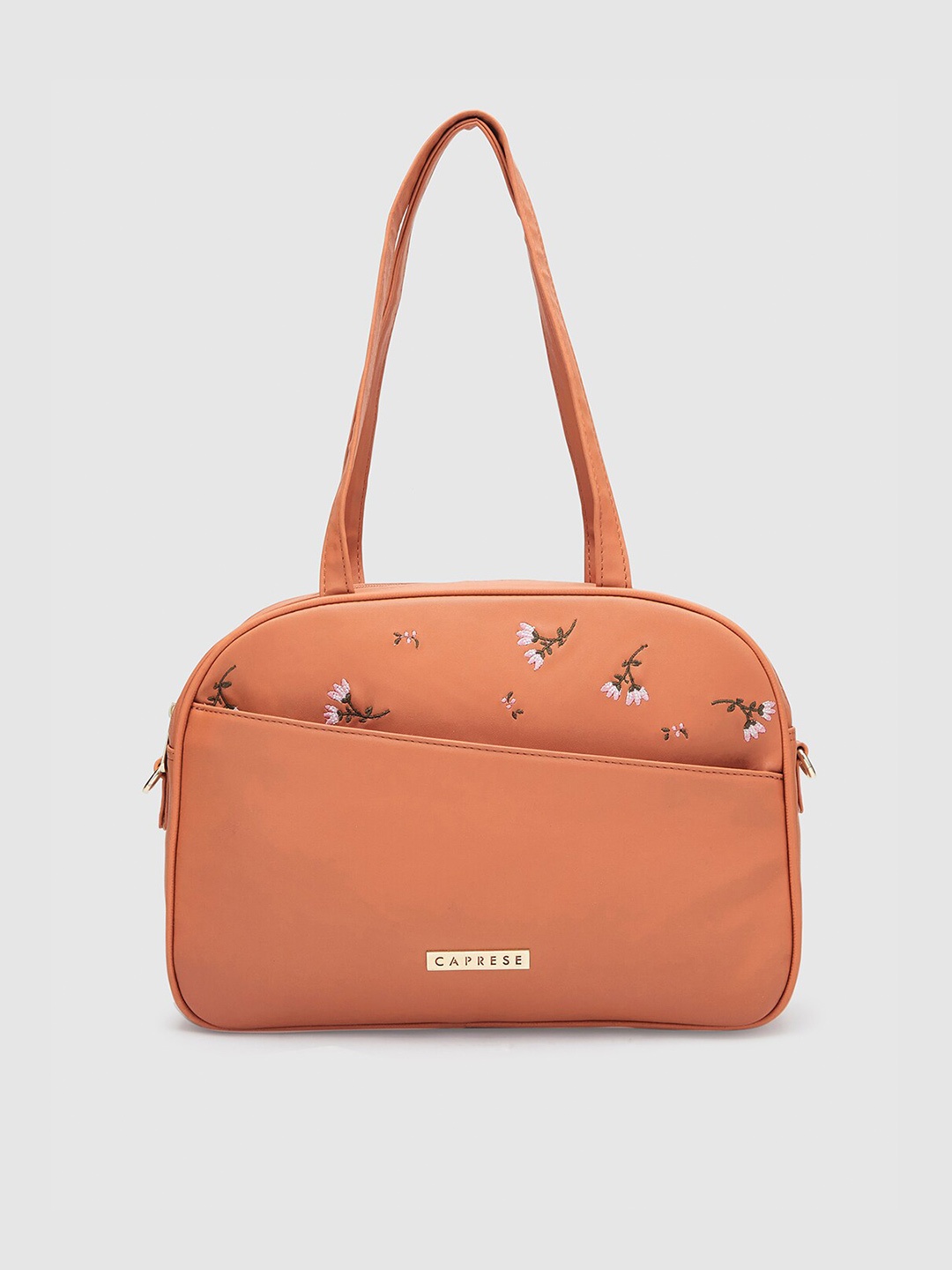 

Caprese Structured Leather Shoulder Bag With Floral Embroidered Detail, Rust