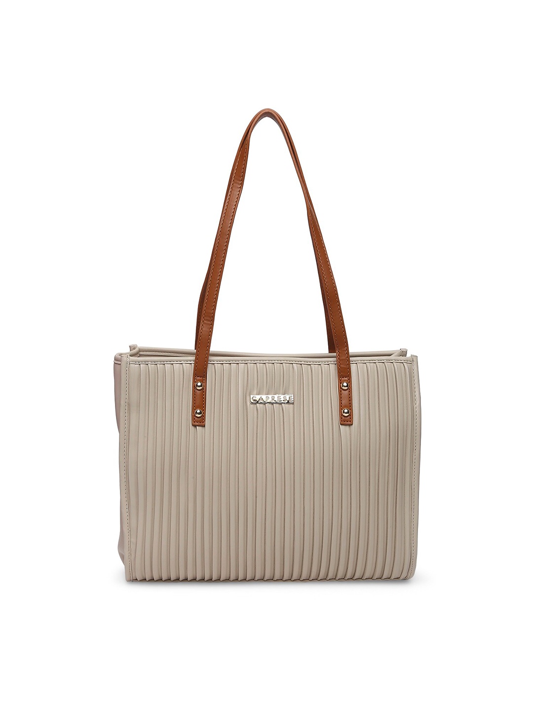

Caprese Striped Structured Leather Shoulder Bag, Taupe
