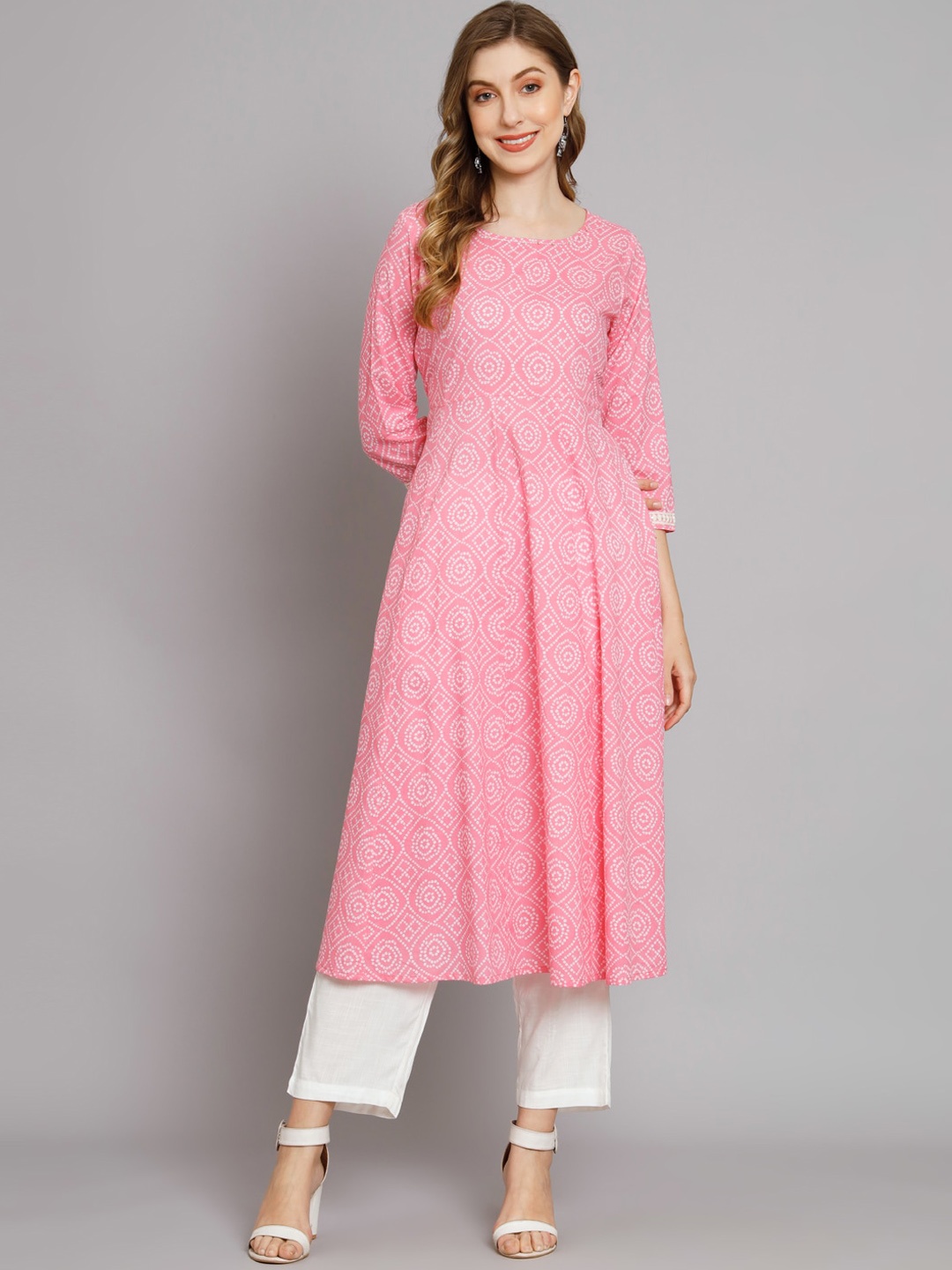 

DECKEDUP Bandhani Printed Anarkali Cotton Kurta, Pink