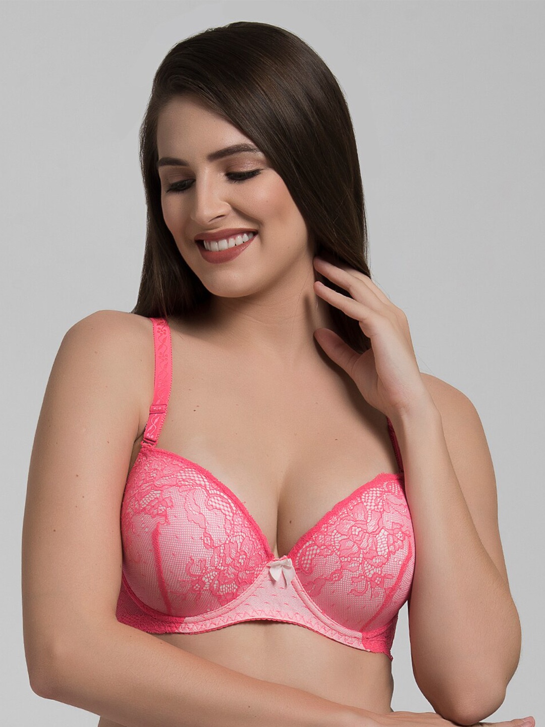 

MAKCLAN Floral Lace Medium Coverage Underwired Lightly Padded Plunge Bra, Pink