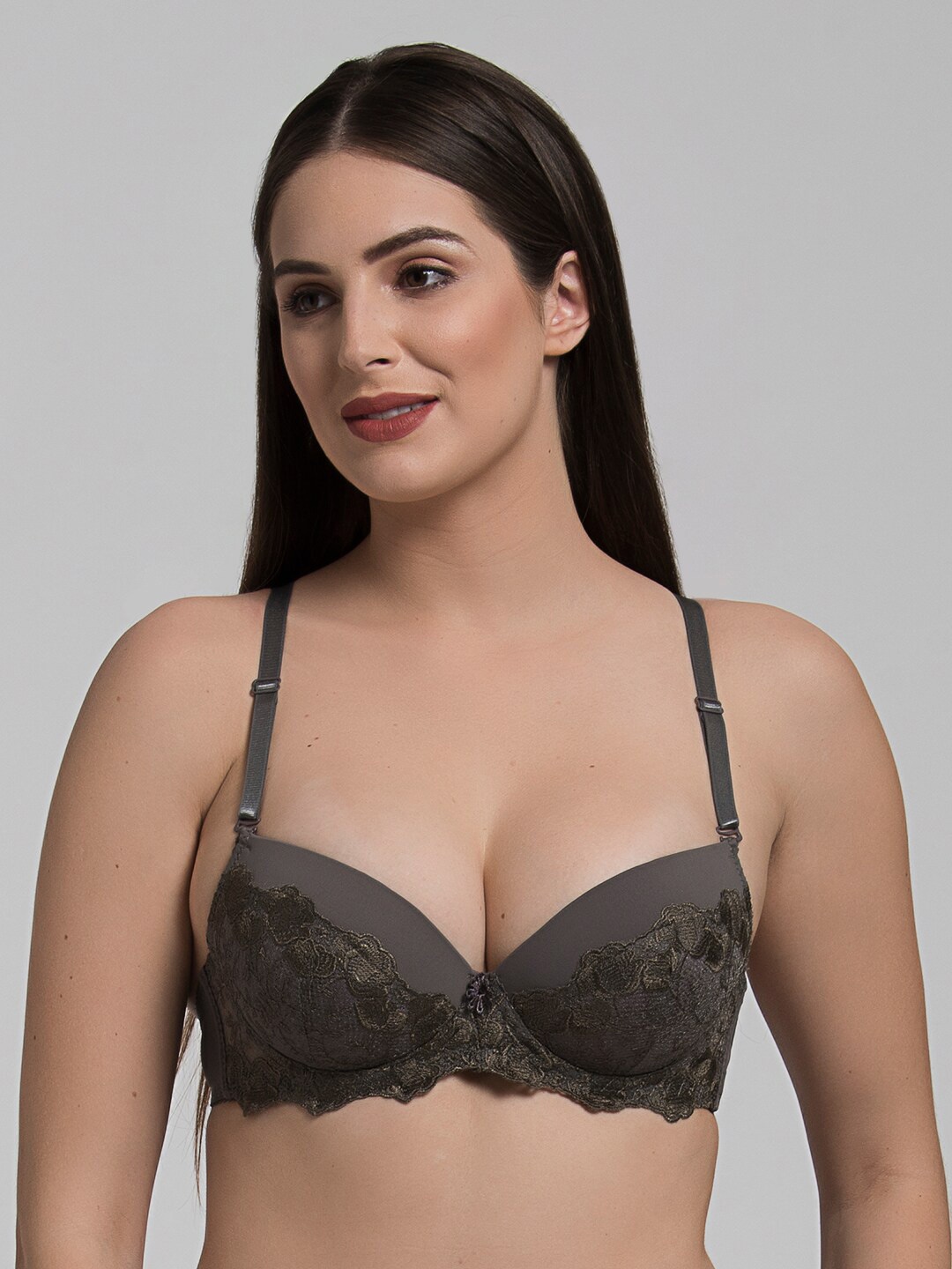 

MAKCLAN Floral Plunge Bra - Medium Coverage Underwired Lightly Padded, Brown