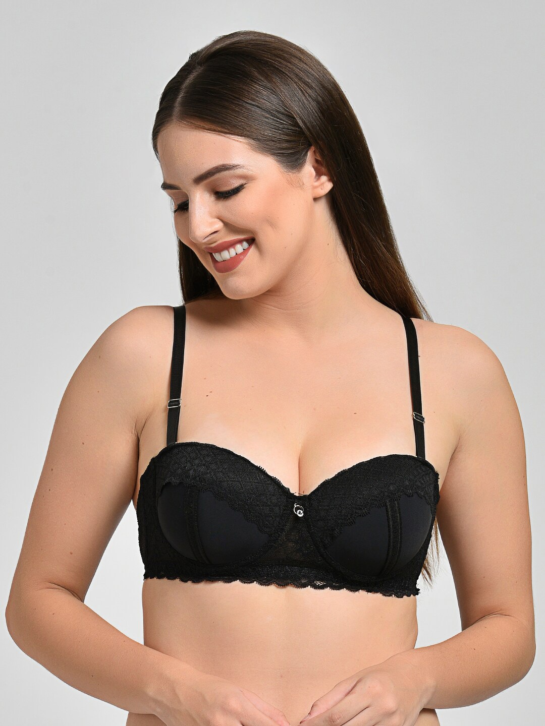 

MAKCLAN Self Design Underwired Lightly Padded Dry Fit All Day Comfort Balconette Bra, Black