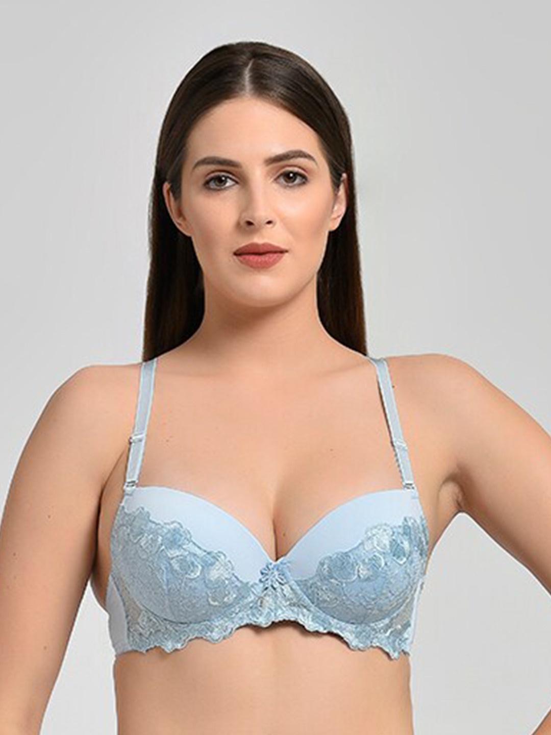 

MAKCLAN Floral Plunge Bra - Medium Coverage Underwired Lightly Padded, Blue