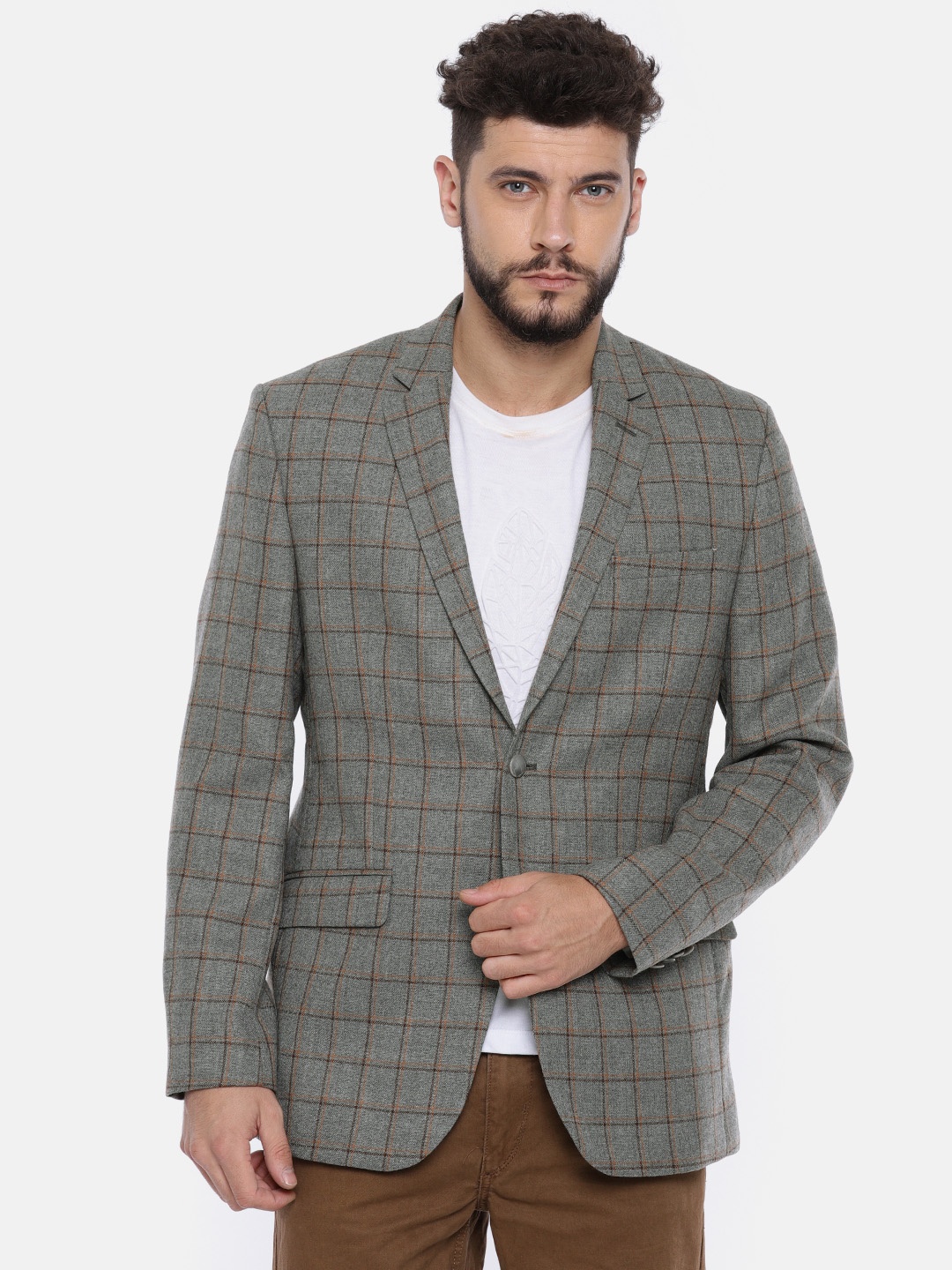 

Park Avenue Grey & Brown Checked Slim Fit Single-Breasted Smart Casual Blazer