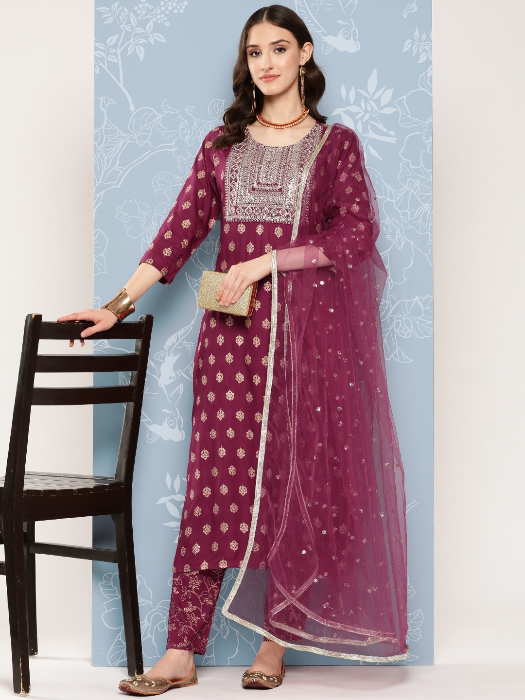 

Nayo Ethnic Motifs Regular Kurta with Palazzos & With Dupatta, Burgundy