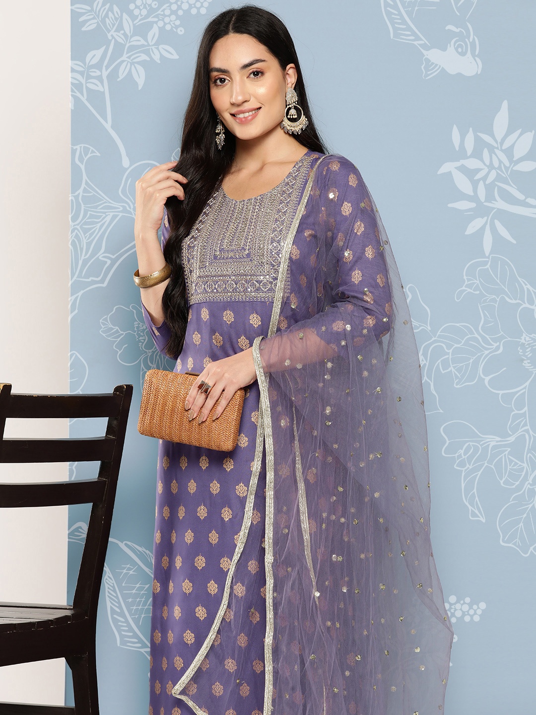 

Nayo Ethnic Motifs Yoke Design Regular Kurta with Palazzos & Dupatta, Purple