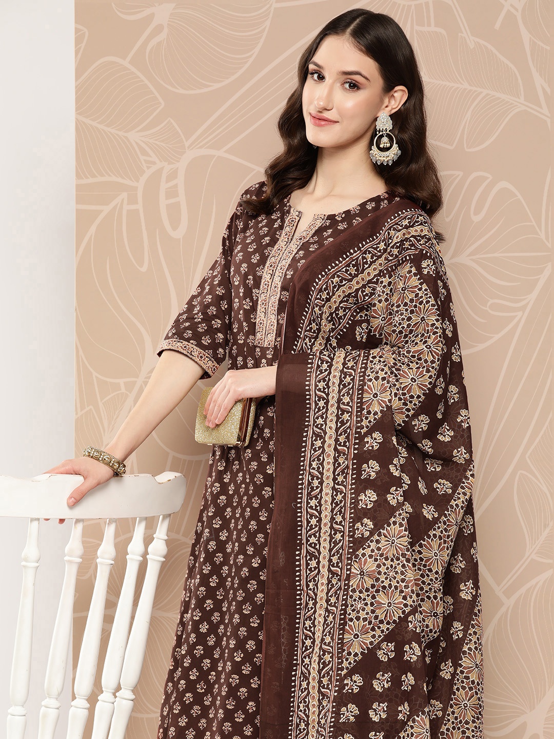 

Nayo Women Ethnic Motifs Printed Regular Pure Cotton Kurta with Skirt & With Dupatta, Brown