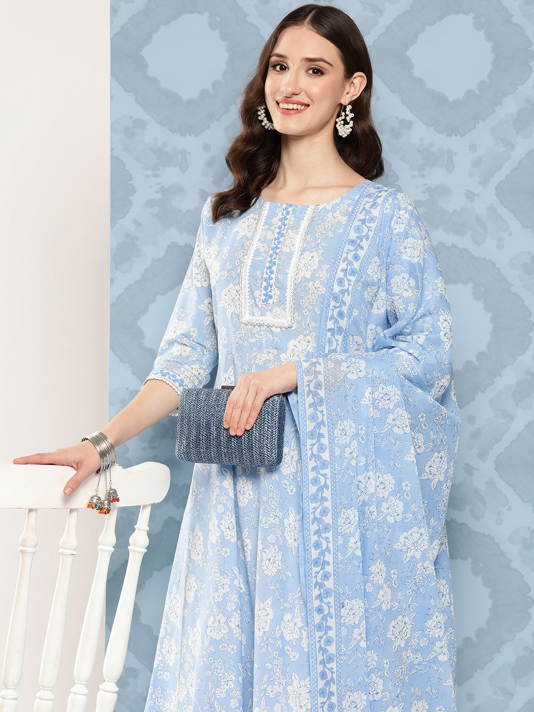 

Nayo Floral Printed Regular Gotta Patti Pure Cotton Kurta with Trousers & Dupatta, Turquoise blue