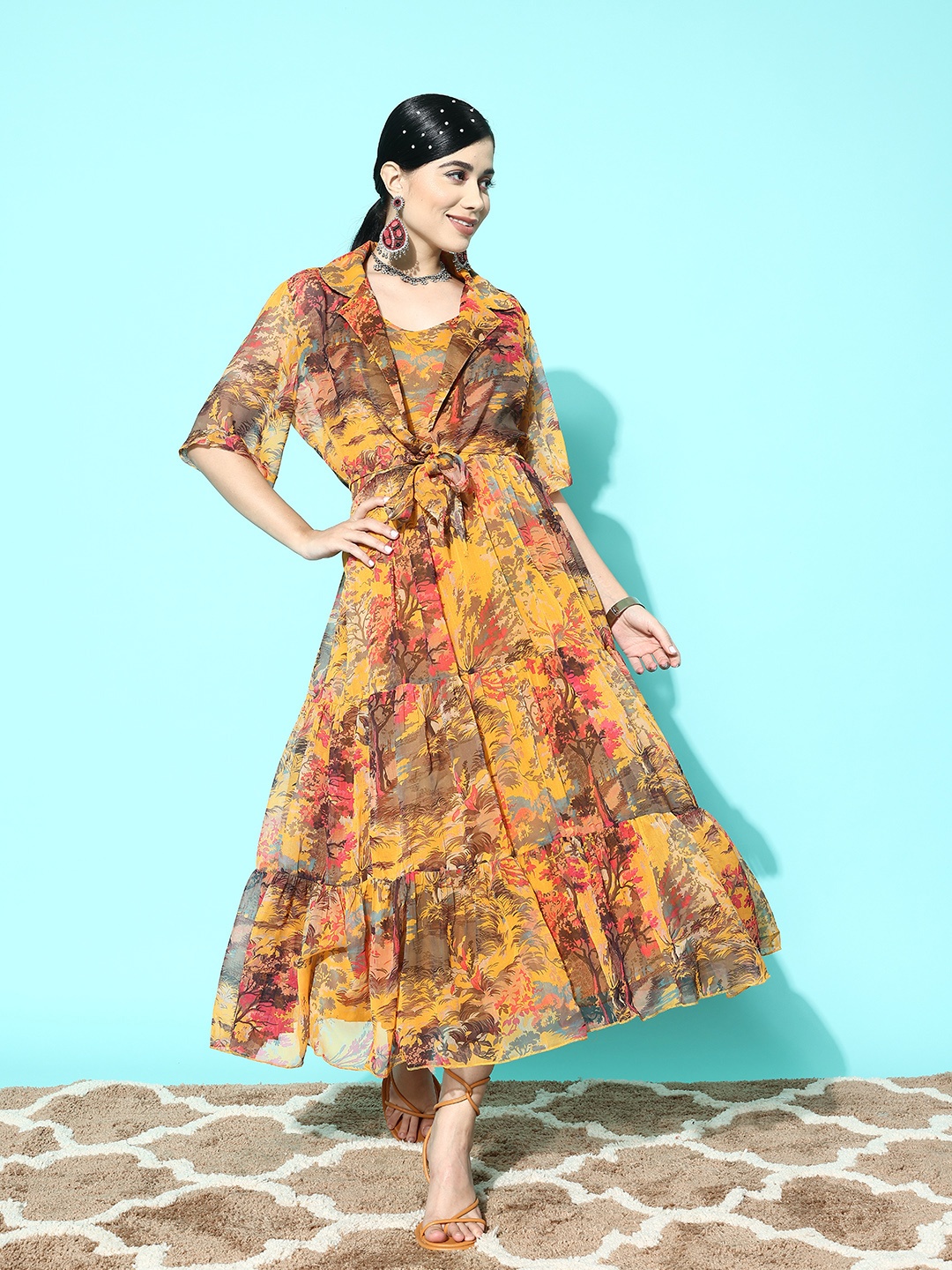 

ZOLA Floral Print Chiffon A-Line Maxi Dress with Shrug, Mustard