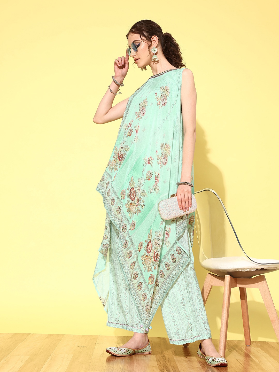 

ZOLA Women Printed Chiffon Kurta with Palazzos, Green