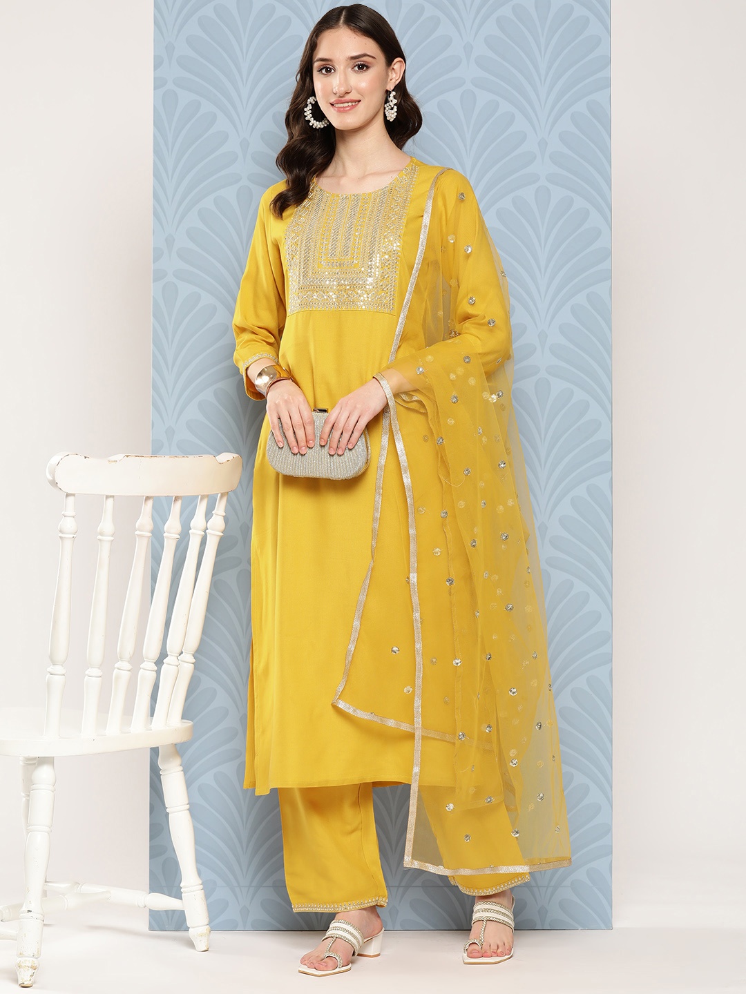 

Nayo Women Embroidered Regular Sequinned Kurta with Palazzos & With Dupatta, Yellow