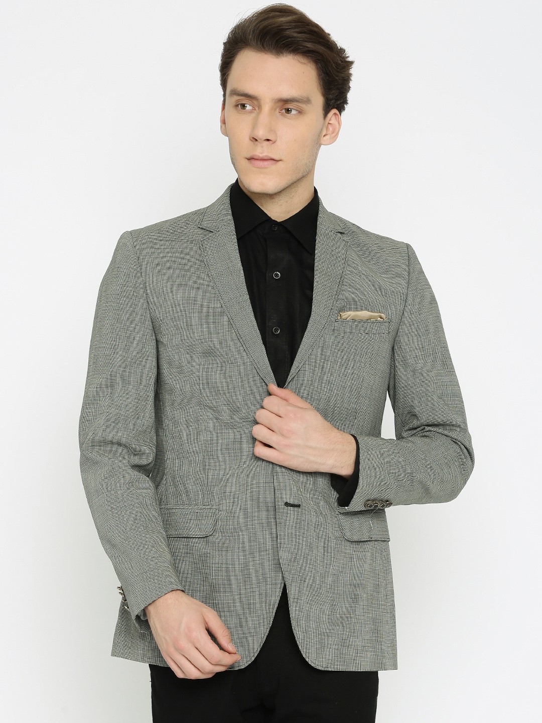 

Park Avenue Black & Off-White Slim Fit Self-Design Single-Breasted Formal Blazer